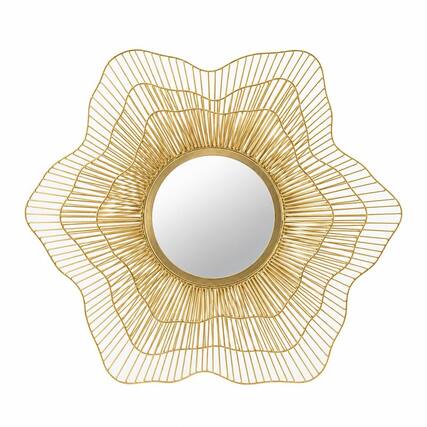Front. RYHNUYNE - 27 in Round Metal Starburst Wall Mirror, 8 in Glass Center, 7.9 lbs, Iron Frame, Wall Mounted Decor - Gold.