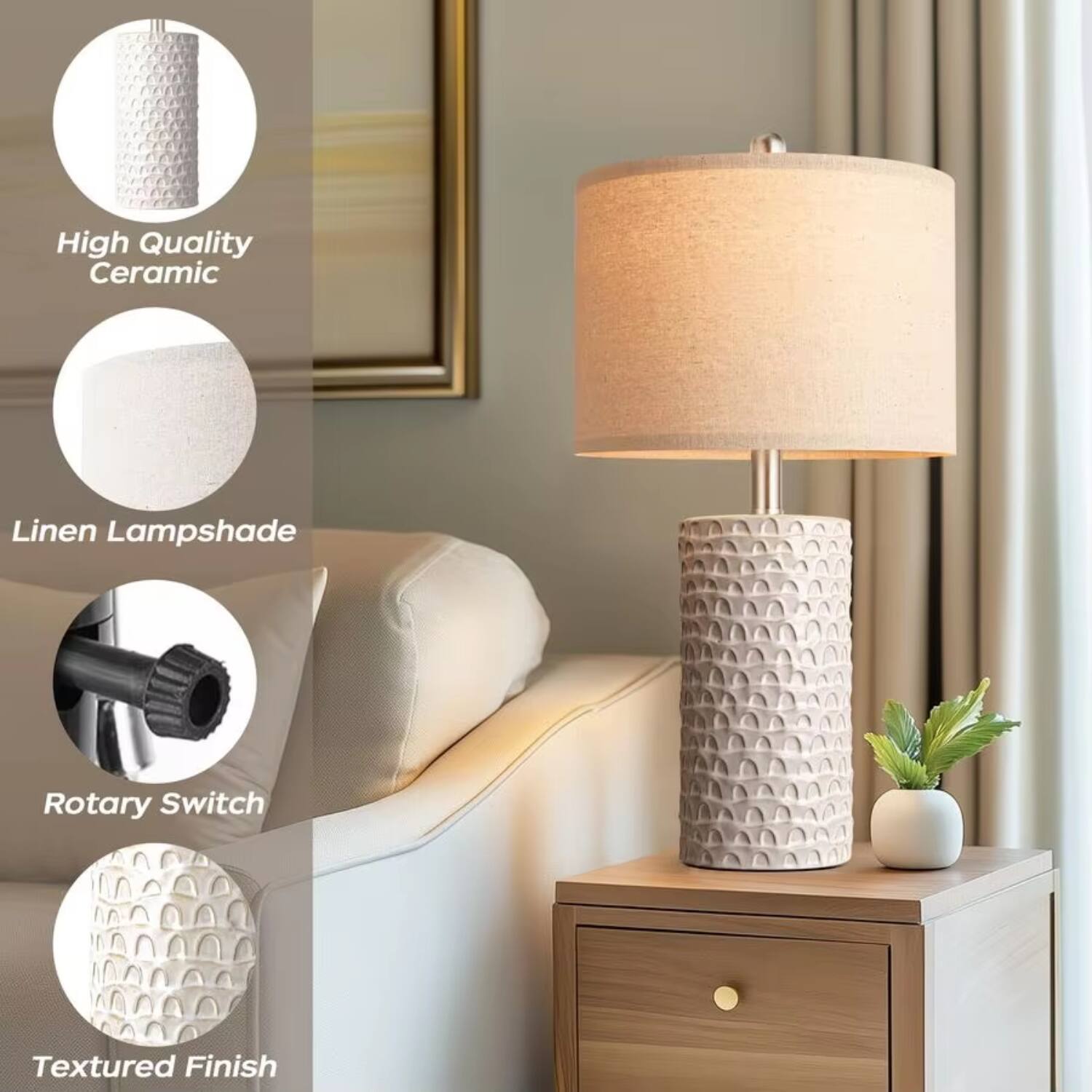 High Quality Ceramic  
Linen Lampshade  
Rotary Switch  
Textured Finish