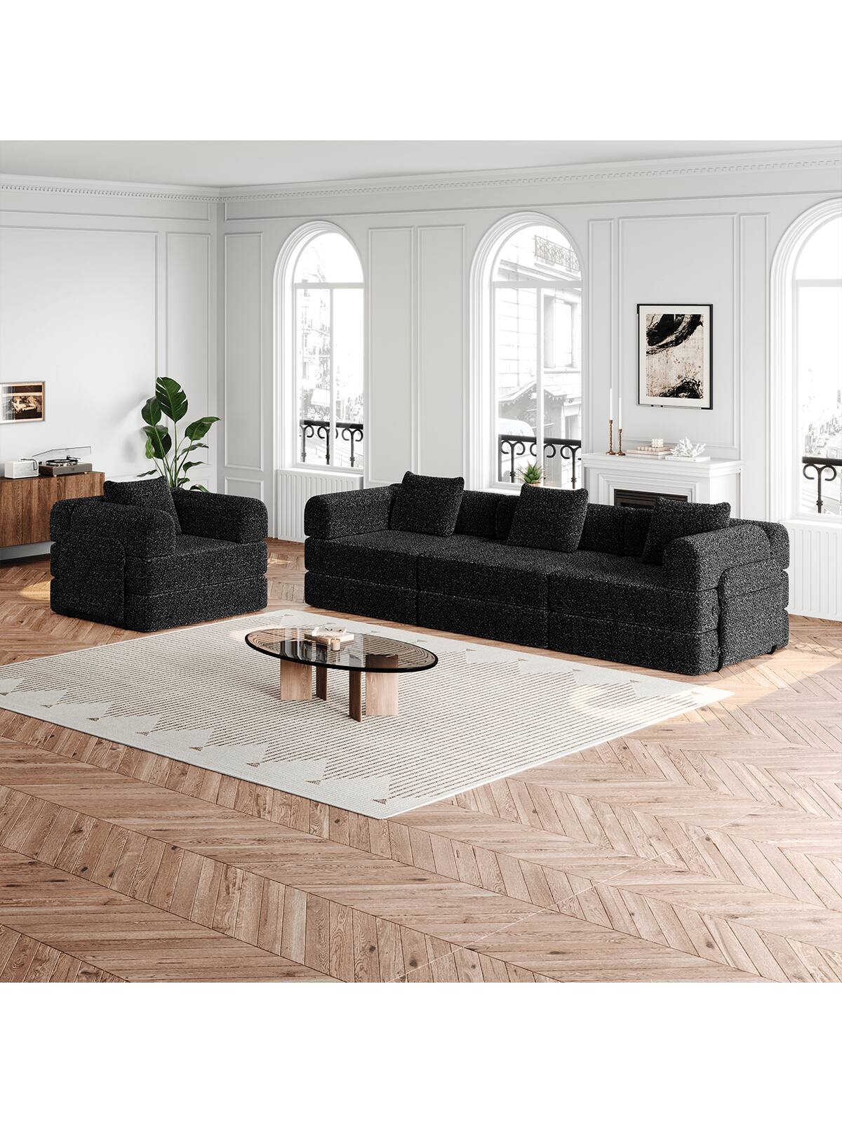 Angle. Trinkets Crazed - Convertible Sofa Bed, 72.4"+ 72.4" Sectional Couch 4-Seater With Storage Pockets Modular Sleeper Couch - Black.