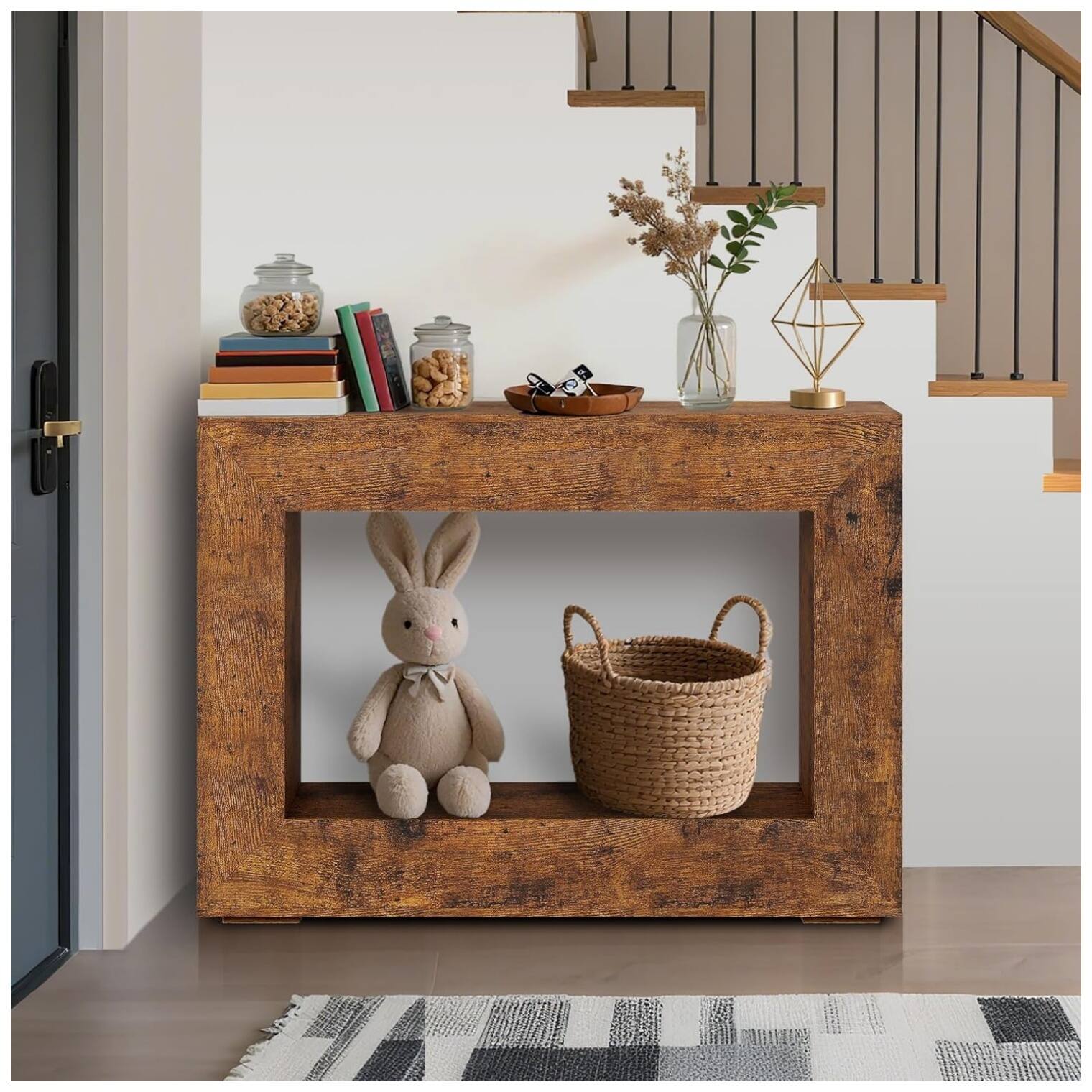 Front. GARVEE - Farmhouse Console Table, Long Sofa Table Behind The Couch, Narrow Sofa Table with Storage - Rustic Brown.