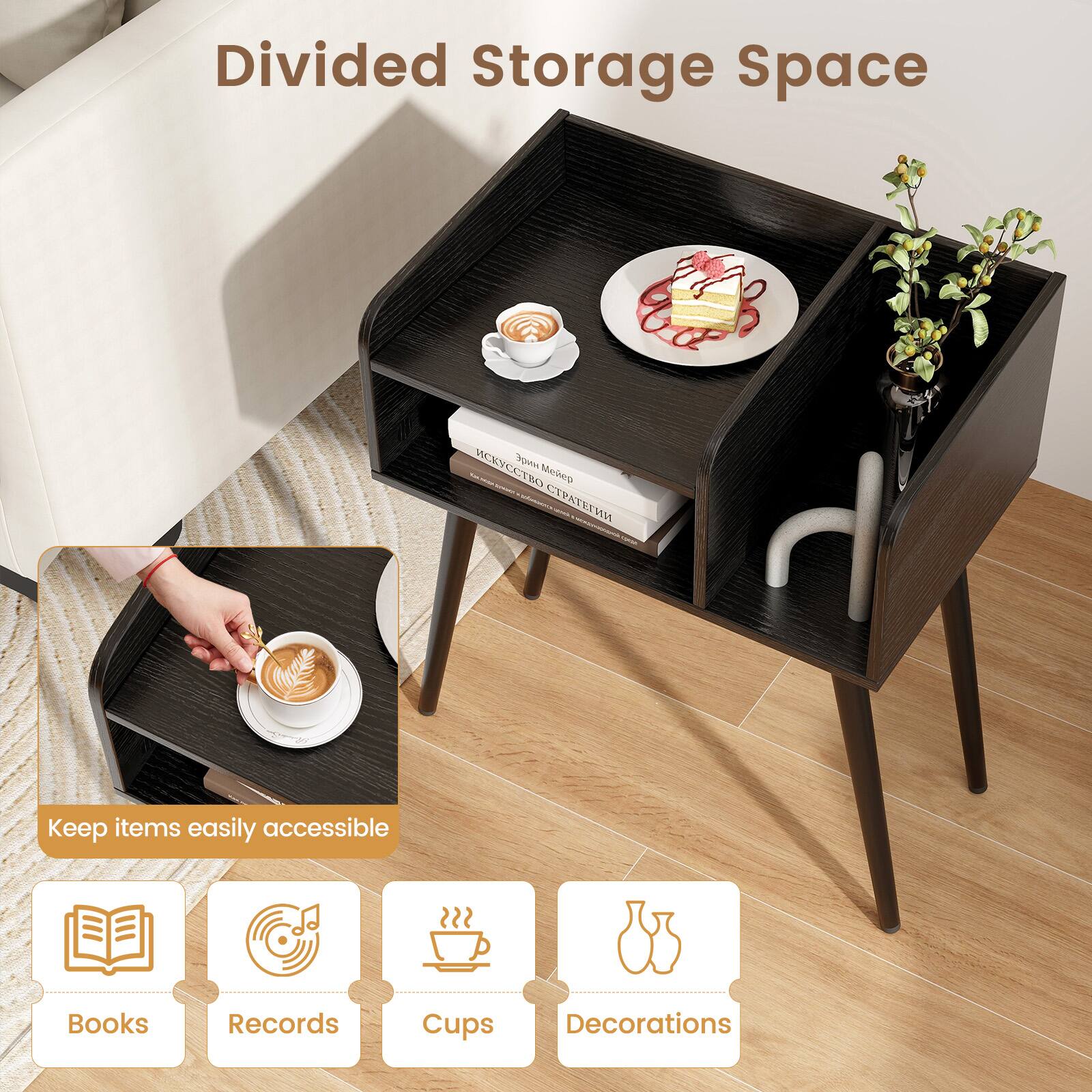 Divided Storage Space

Keep items easily accessible

Books  
Records  
Cups  
Decorations
