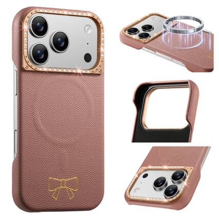 Front. Dteck - Luxury PU Leather Texture Magnetic Case for Apple iPhone 17 Pro with Diamond Lens Border, Shockproof Hard PC Cover - Maroon.