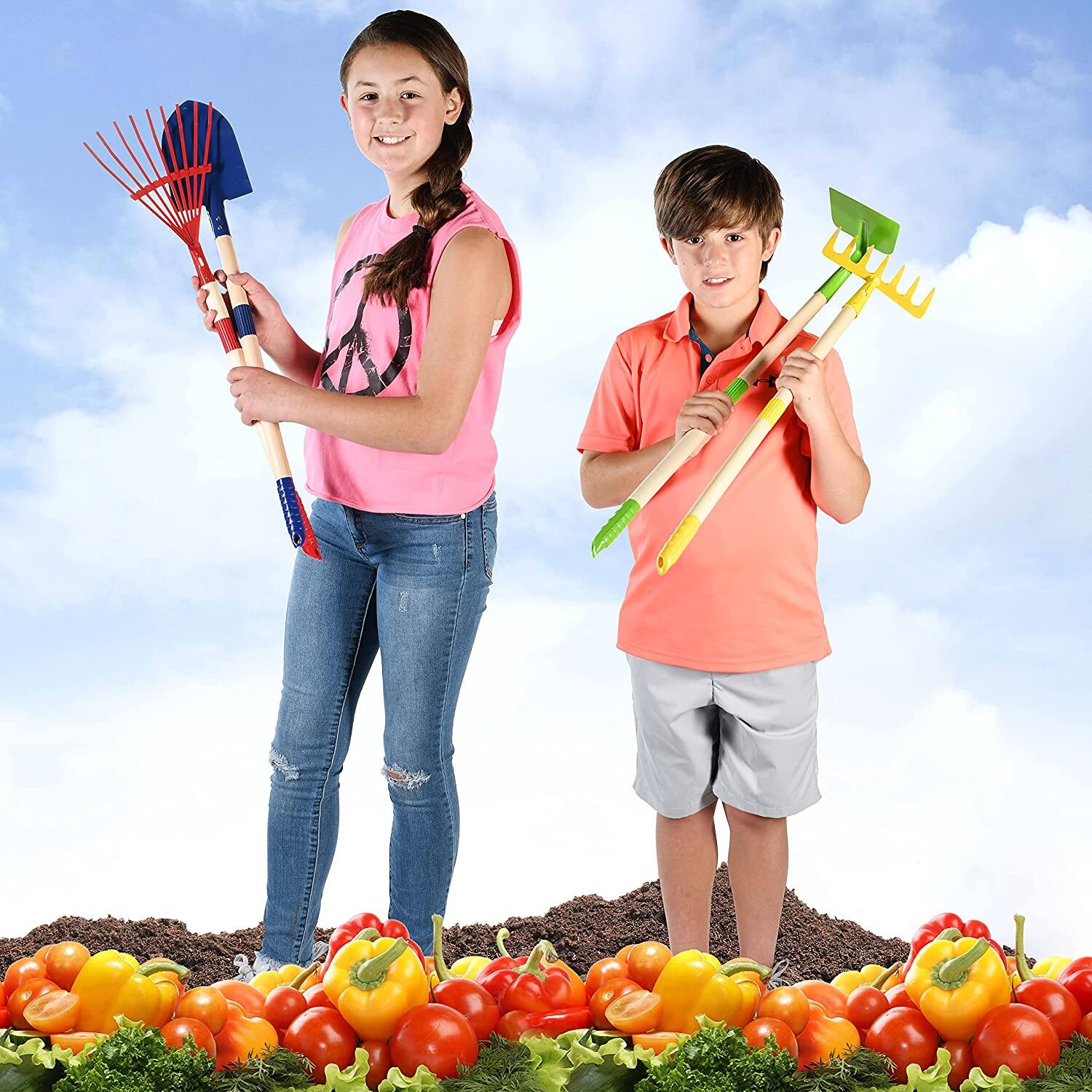 Alt View 4. Play22 - Kids Garden Tool Set Toy 4-Piece - Includes Shovel, Rake, Hoe, Leaf Rake Wooden Gardening Tools.