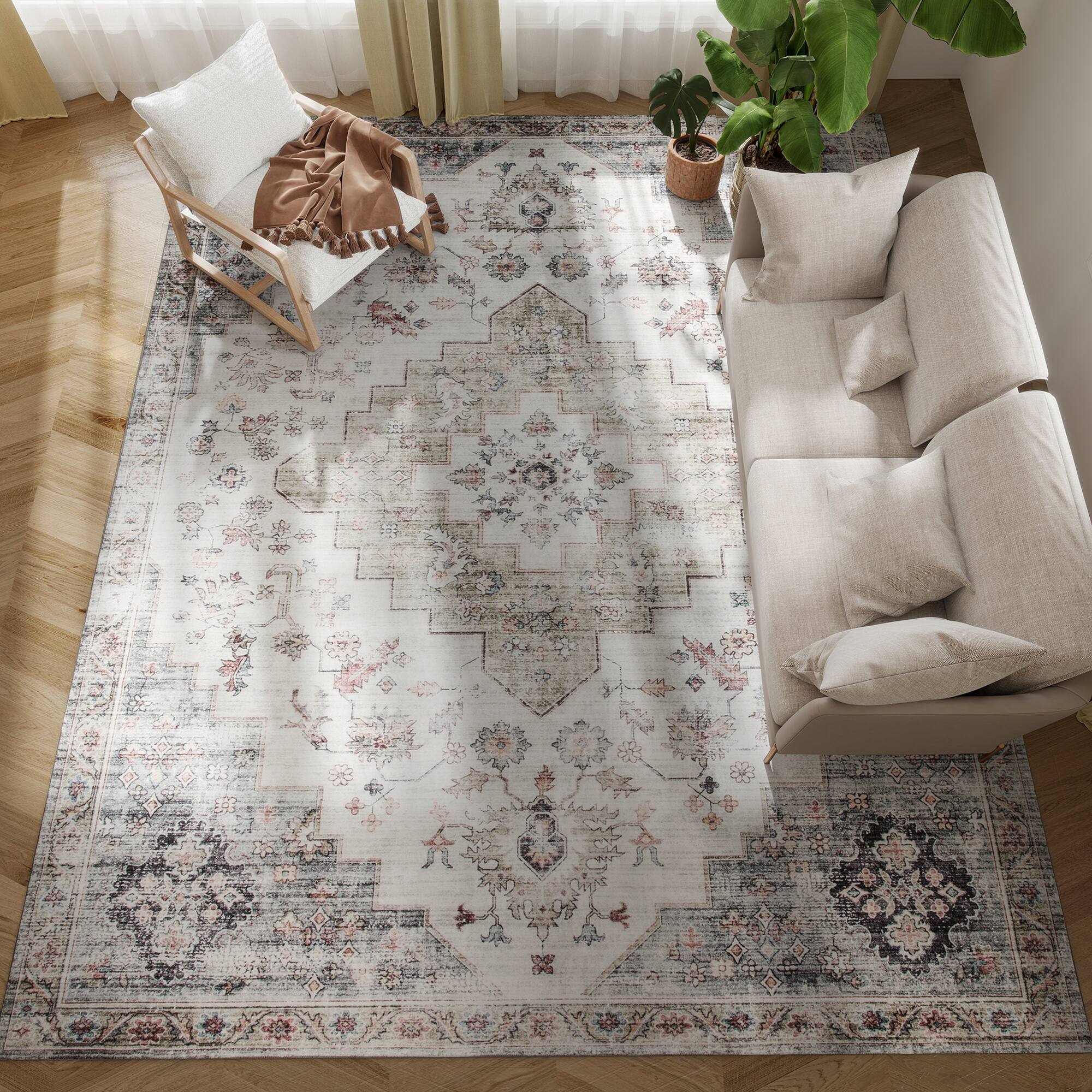 Homcom - 8x10 Green Rug: Vintage Mach-Wash Non-Slip Distressed Carpet, Indoor Area Boho Style - Brown and Green