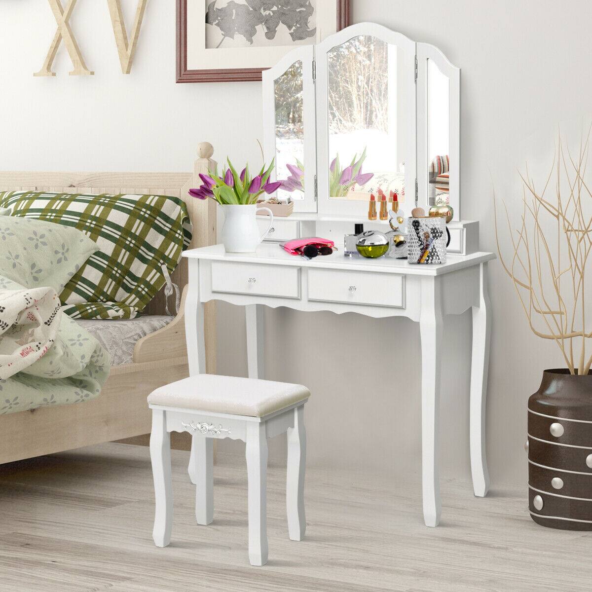 Alt View 3. Costway - Costway Tri Folding Vanity Makeup Table Stool Home Desk - white.