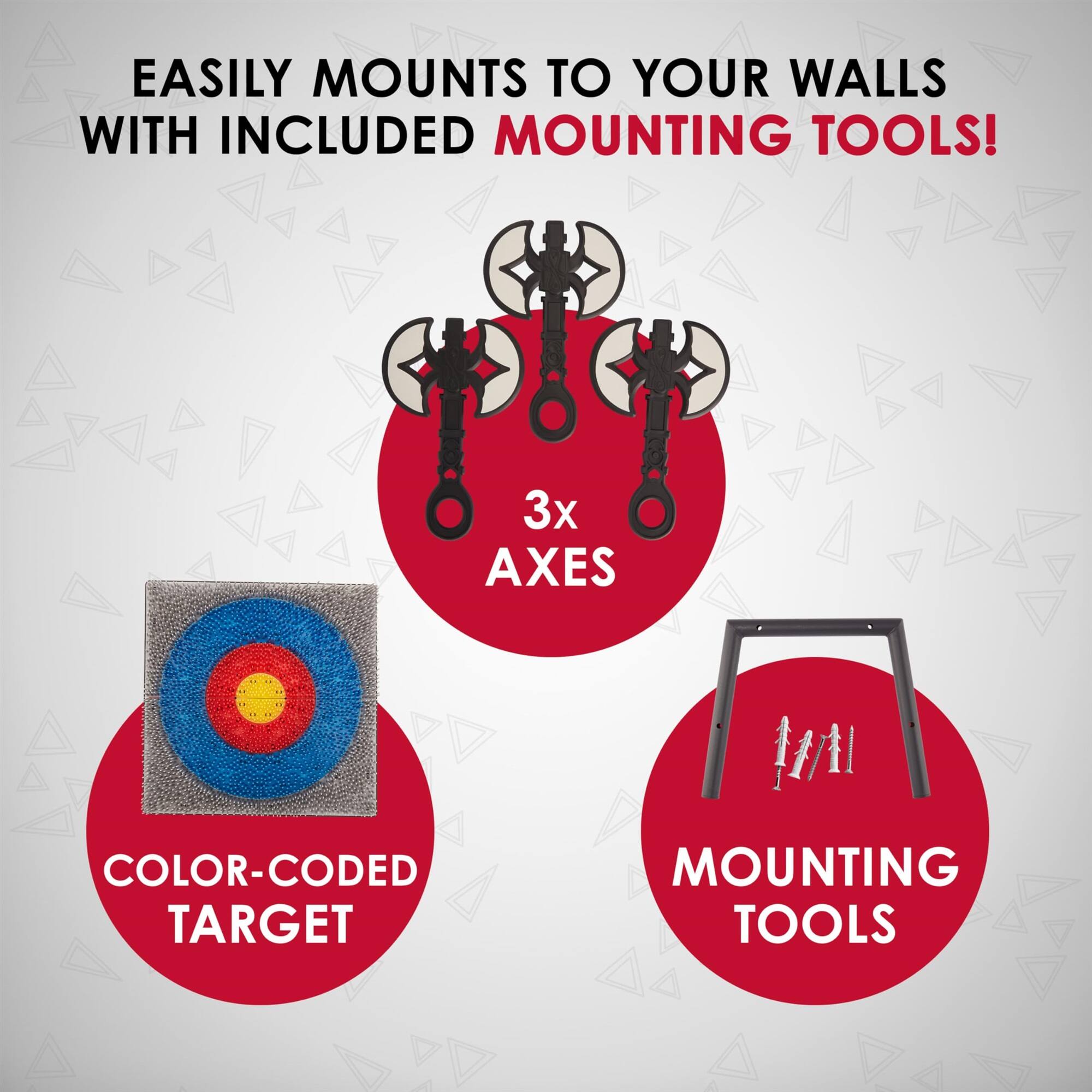 EASILY MOUNTS TO YOUR WALLS WITH INCLUDED MOUNTING TOOLS! 3x AXES COLOR-CODED TARGET MOUNTING TOOLS