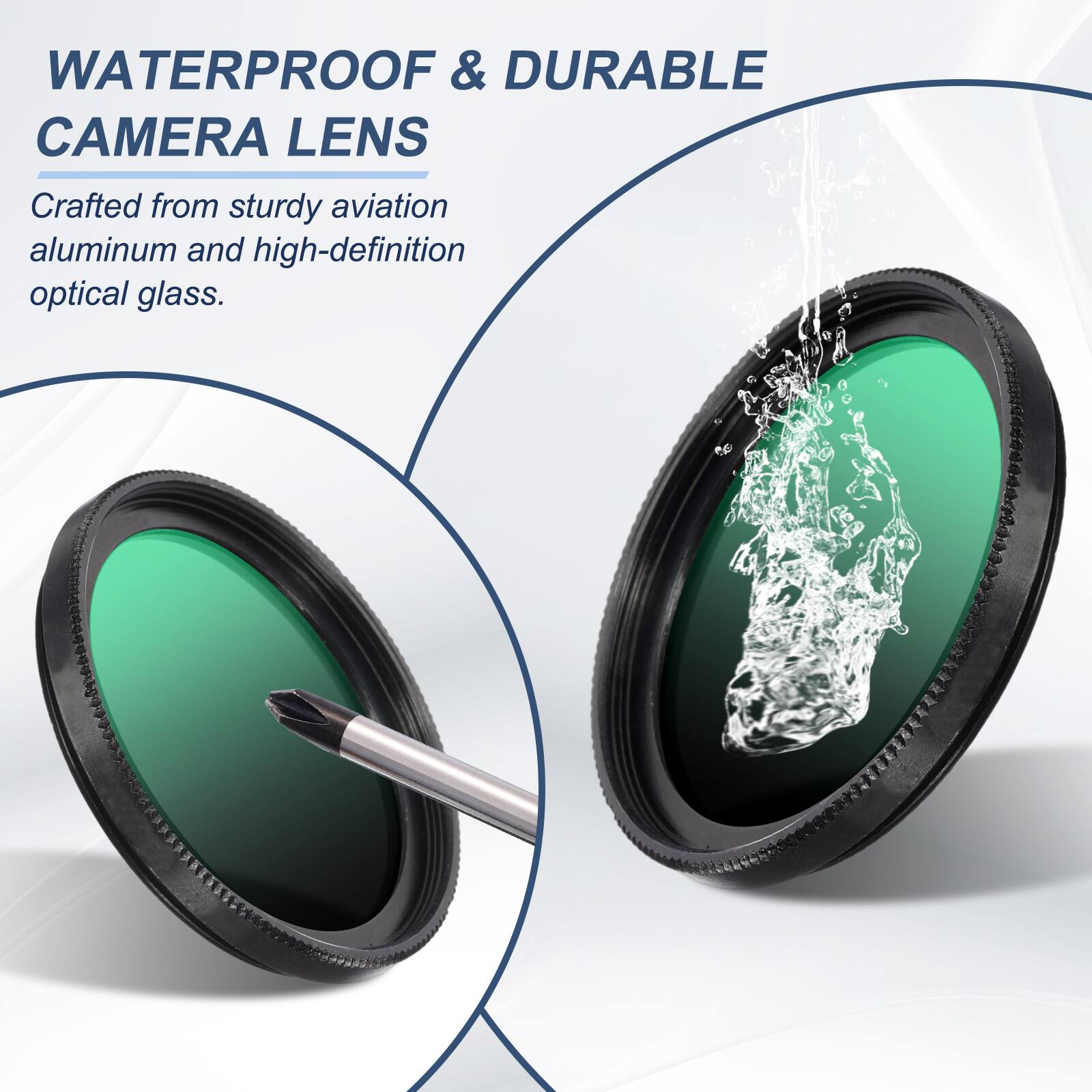 WATERPROOF & DURABLE CAMERA LENS  
Crafted from sturdy aviation aluminum and high-definition optical glass.