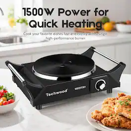 Techwood - Electric Cooktop With Handles, 1500 W Stove Top Temperature Control Easy Clean Single Burner For Home Dorm Solo - Black