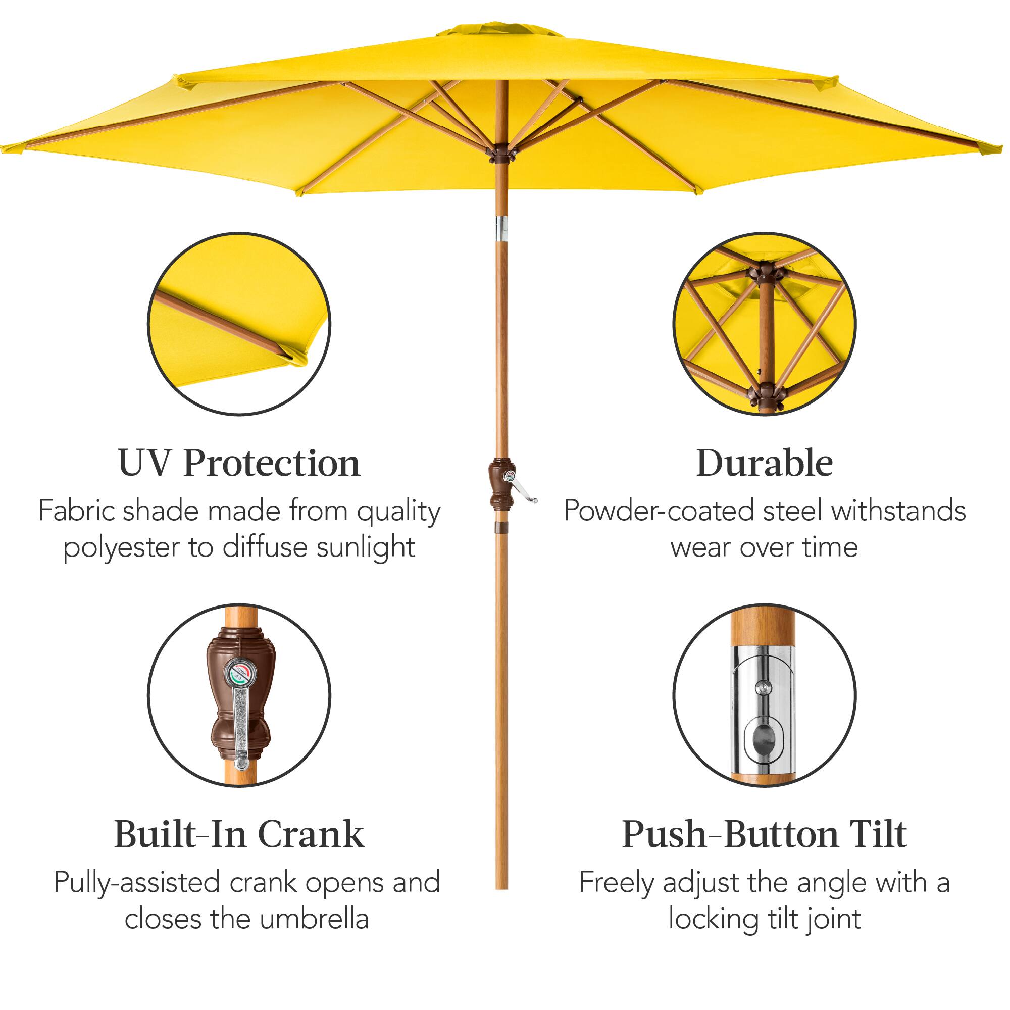 UV Protection: Fabric shade made from quality polyester to diffuse sunlight.

Durable: Powder-coated steel withstands wear over time.

Built-In Crank: Pulley-assisted crank opens and closes the umbrella.

Push-Button Tilt: Freely adjust the angle with a locking tilt joint.