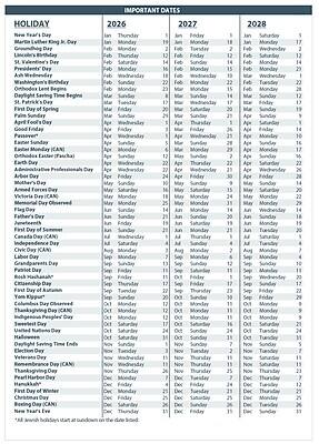**IMPORTANT DATES**

**2026**

- New Year's Day: Thursday, Jan 1
- Martin Luther King Jr. Day: Monday, Jan 16
- Groundhog Day: Monday, Feb 14
- Lincoln's Birthday: Sunday, Feb 13
- St. Valentine's Day: Thursday, Feb 17
- President's Day: Monday, Feb 20
- Ash Wednesday: Wednesday, Feb 22
- Washington's Birthday: Monday, Feb 20
- Orthodox Lent Begins: Monday, Feb 20
- Daylight Saving Time Begins: Sunday, Mar 12
- St. Patrick's Day: Tuesday, Mar 14
- First Day of Spring: Sunday, Mar 19
- Palm Sunday: Sunday, Mar 26
- April Fool's Day: Wednesday, Apr 1
- Good Friday: Friday, Apr 7
- Passover: Wednesday, Apr 5
- Easter Sunday: Sunday, Apr 9
- Easter Monday (CAN): Monday, Apr 10
- Orthodox Easter (Pascha): Sunday, Apr 16
- Earth Day: Friday, Apr 21
-