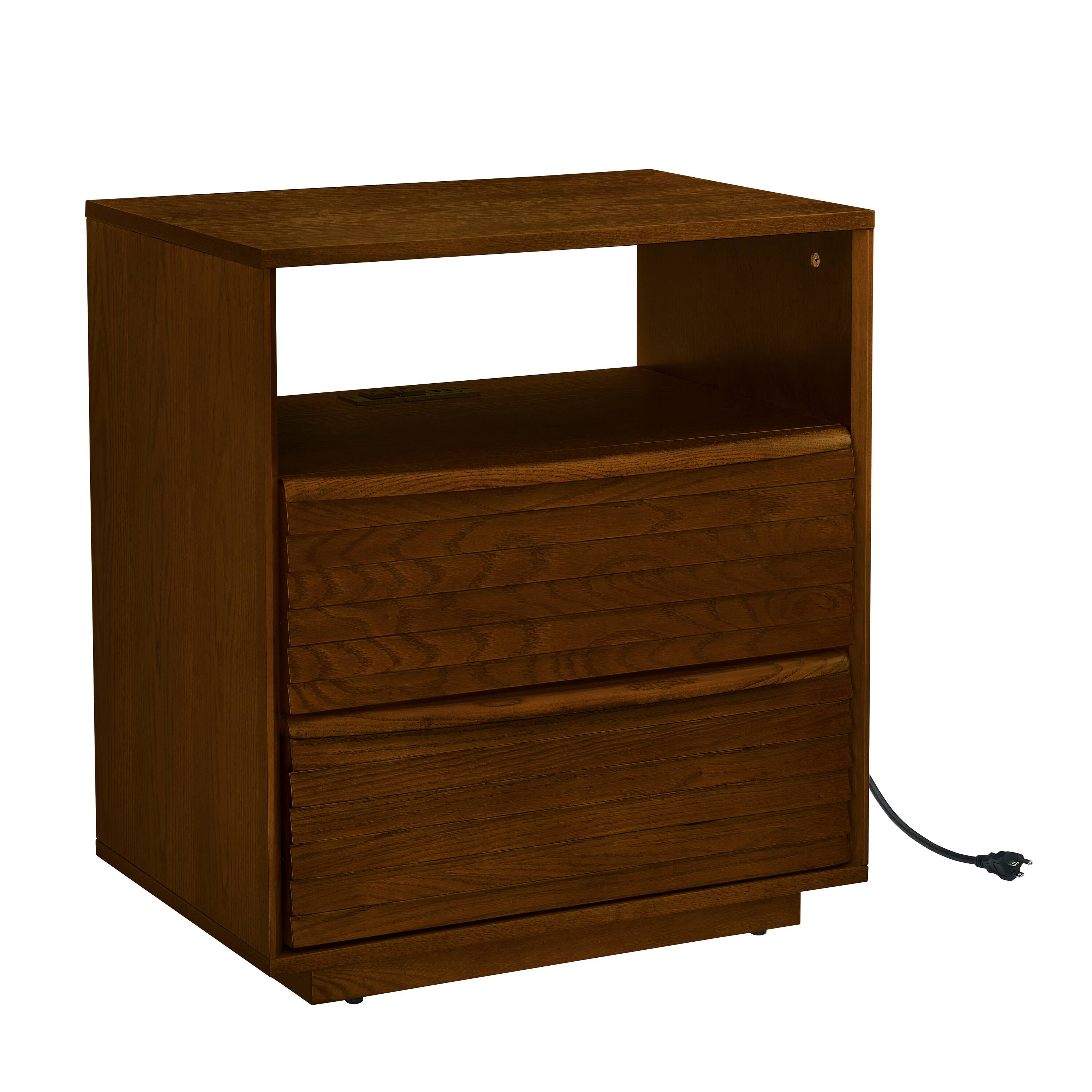Alt View 7. Lirago - Nightstand with Charging Station 2 Solid Wood Drawers Open Shelf Walnut Brown 25.5"H x 22.75"W x 15.75"D - Walnut.