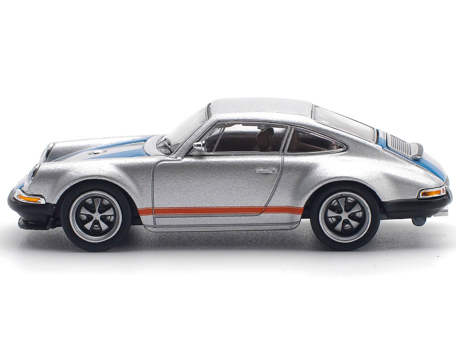 Angle. Pop Race - Singer 964 Silver Metallic with Blue and Red Stripes 1/64 Diecast Model Car by Pop Race - Silver Metallic with Blue and Red.