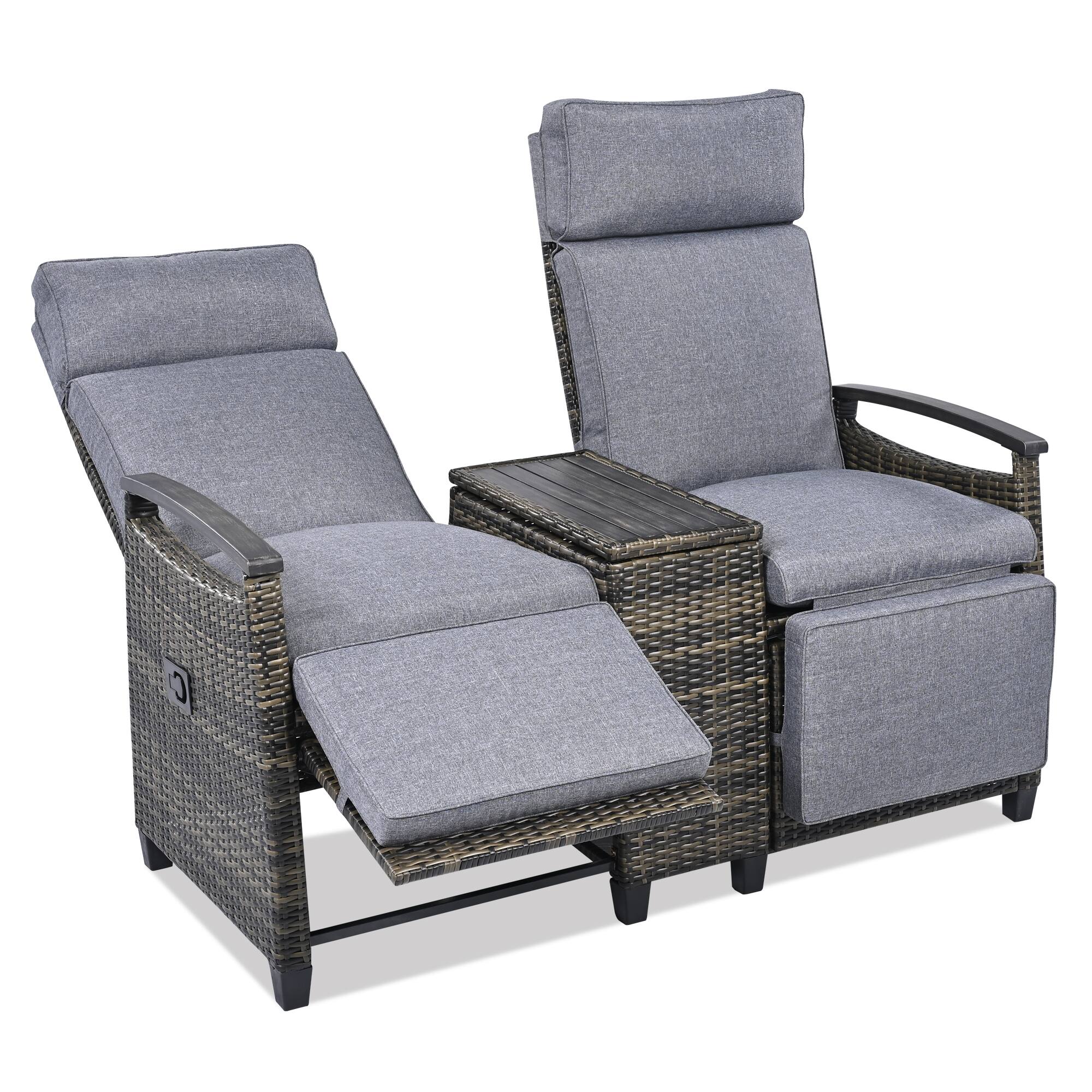 Alt View 5. Mondawe - Patio Adjustable Backrest Wicker Recliner Loveseat Chair with Acacia Wood Armrests and Built-in Storage Table - Gray.