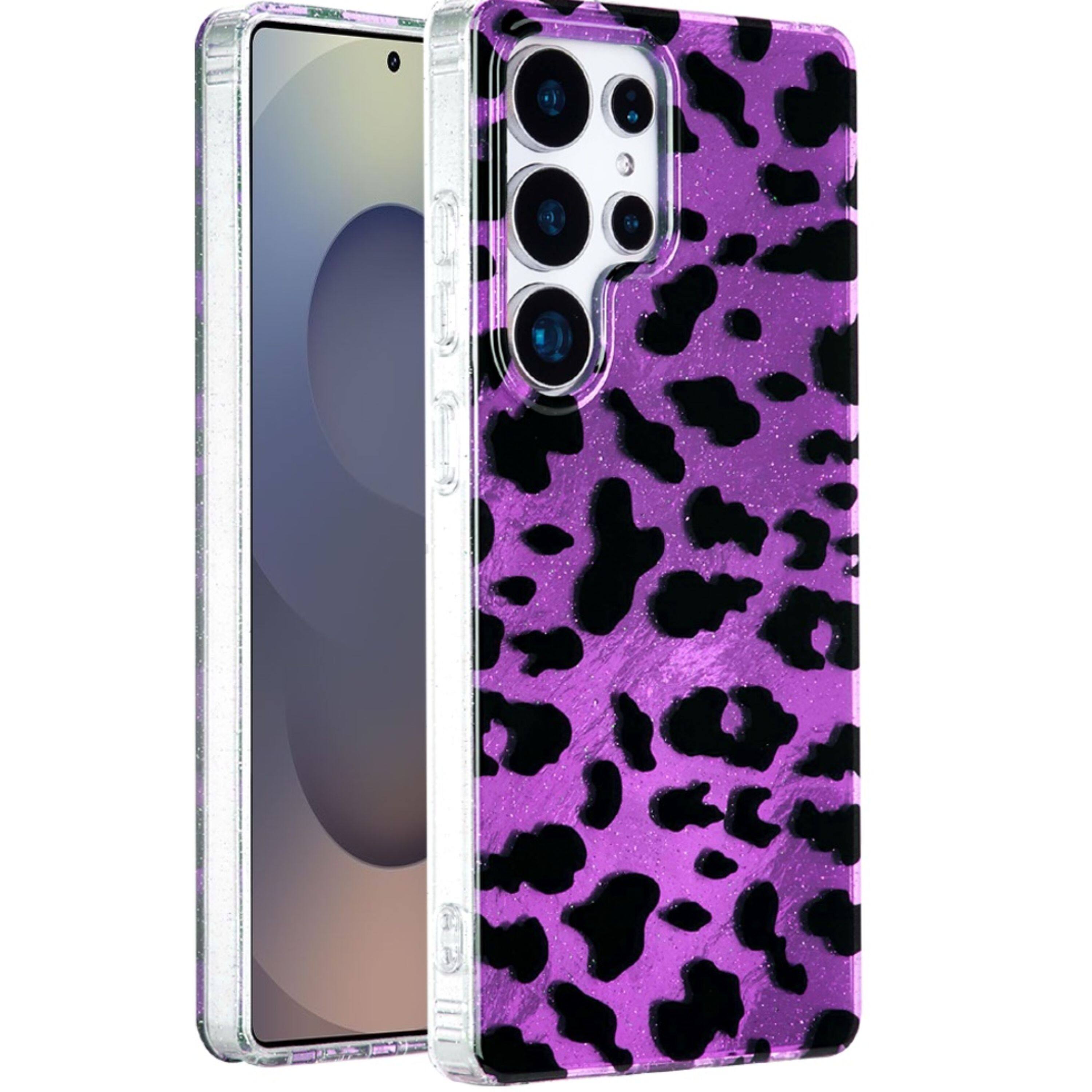 Left. Kitcheniva - Sparkling In Mold Printed Cover With Tempered Glass For Samsung S25 Ultra Purple Leopard - Purple.