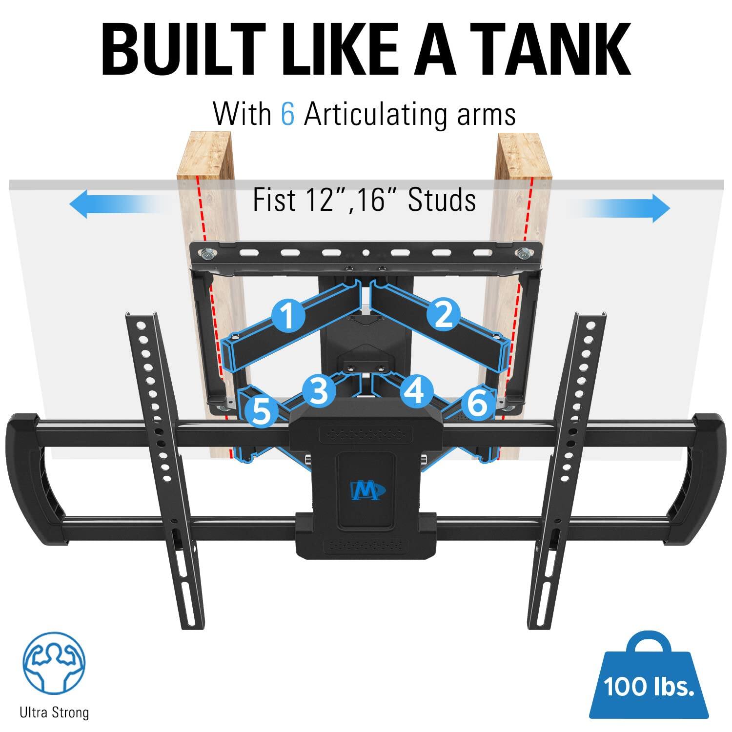 BUILT LIKE A TANK

With 6 Articulating arms

Fist 12", 16" Studs

Ultra Strong

100 lbs.