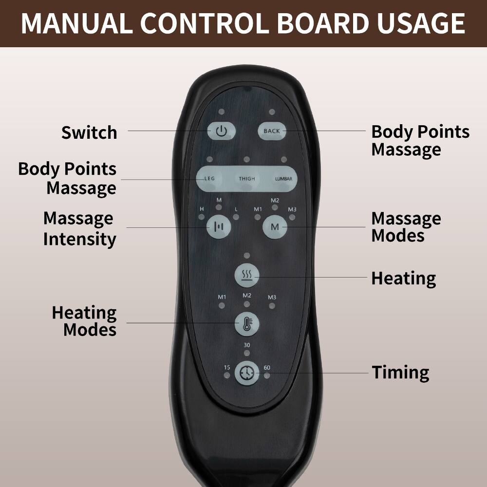 MANUAL CONTROL BOARD USAGE

Switch

Body Points Massage

Massage Intensity

Heating Modes

Body Points Massage

Massage Modes

Heating

Timing
