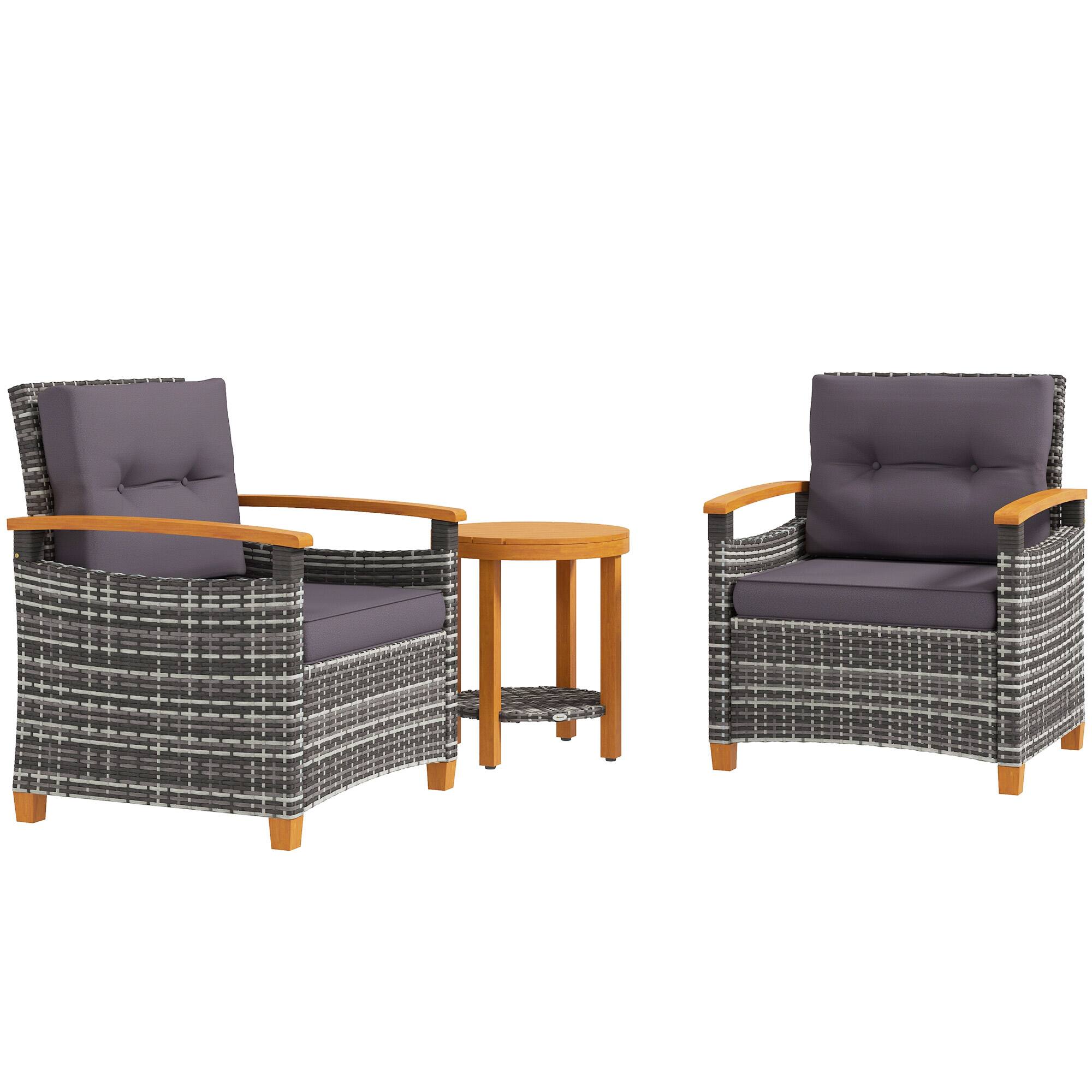 Front. Outsunny - Bistro Set Wicker Patio Furniture with Cushions for Porch, Backyard - Gray.