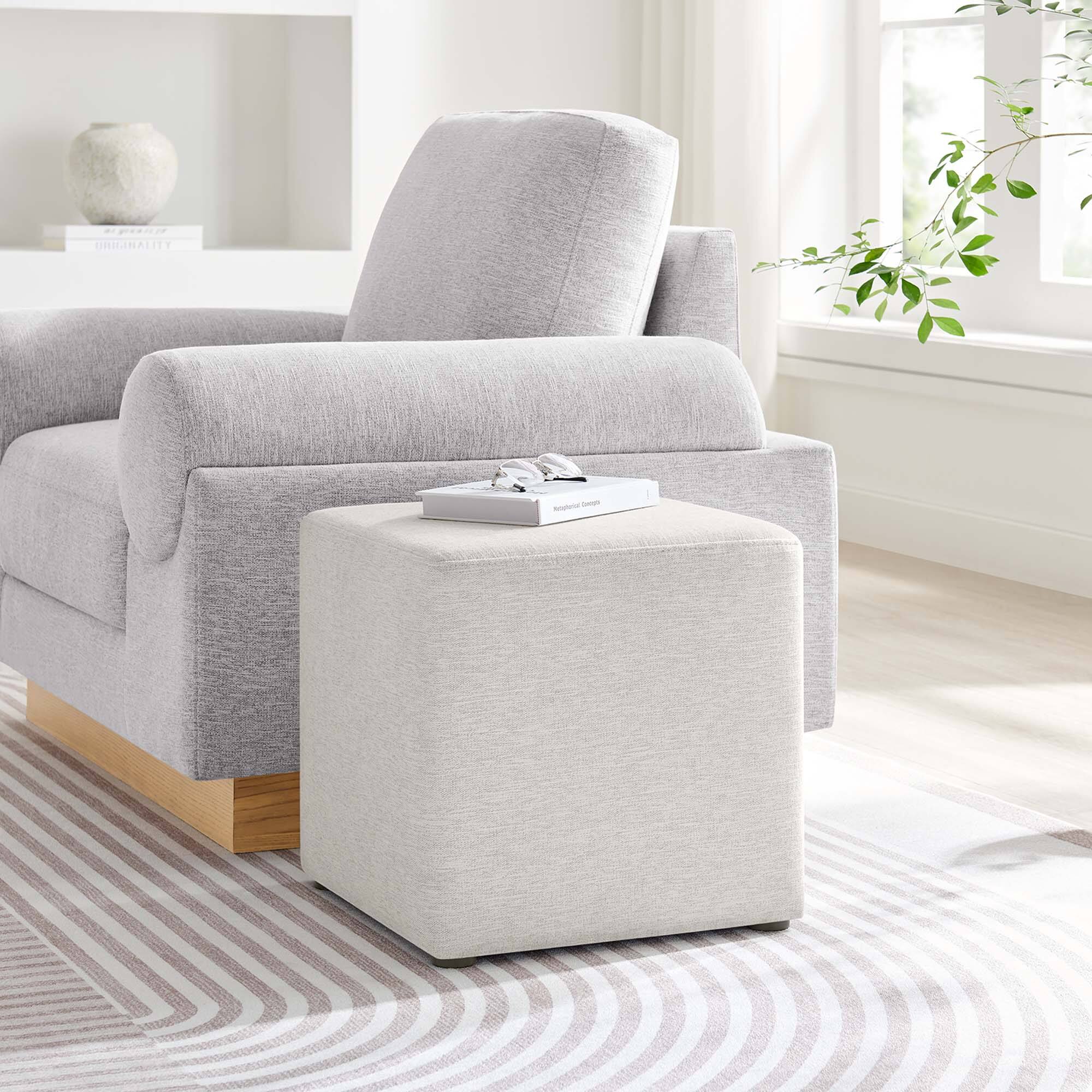 Alt View 1. Modway - Callum 17" Square Woven Heathered Fabric Upholstered Ottoman by Modway - Heathered Weave Ivory.