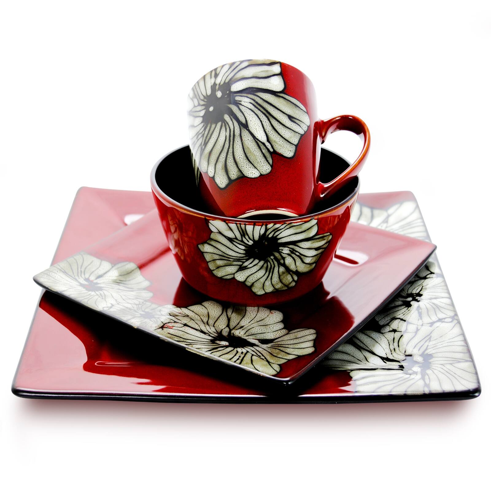 Alt View 3. Elama - Elama Winter Bloom 16 Piece Square Stoneware Dinnerware Set - Red.