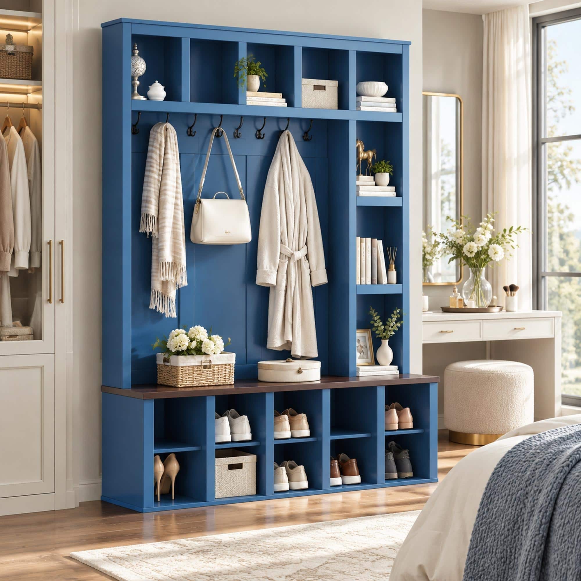 RYHNUYNE - Farmhouse Hall Tree, 4-in-1 Entryway Shoe Bench, 6 Metal Hooks, 13 Cubbies, and Walnut - Blue