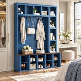 RYHNUYNE - Farmhouse Hall Tree, 4-in-1 Entryway Shoe Bench, 6 Metal Hooks, 13 Cubbies, and Walnut - Blue