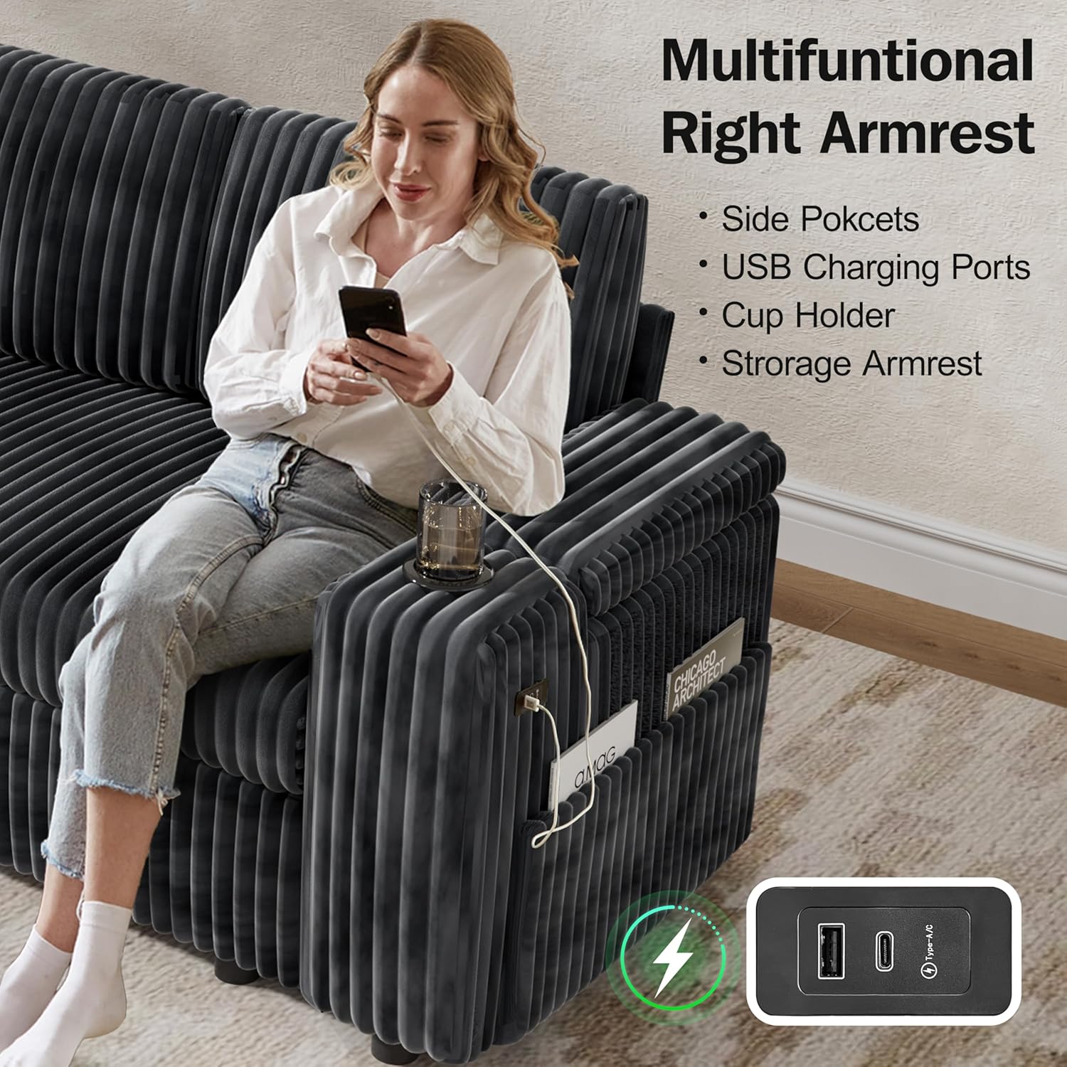 Multifunctional Right Armrest

- Side Pockets
- USB Charging Ports
- Cup Holder
- Storage Armrest