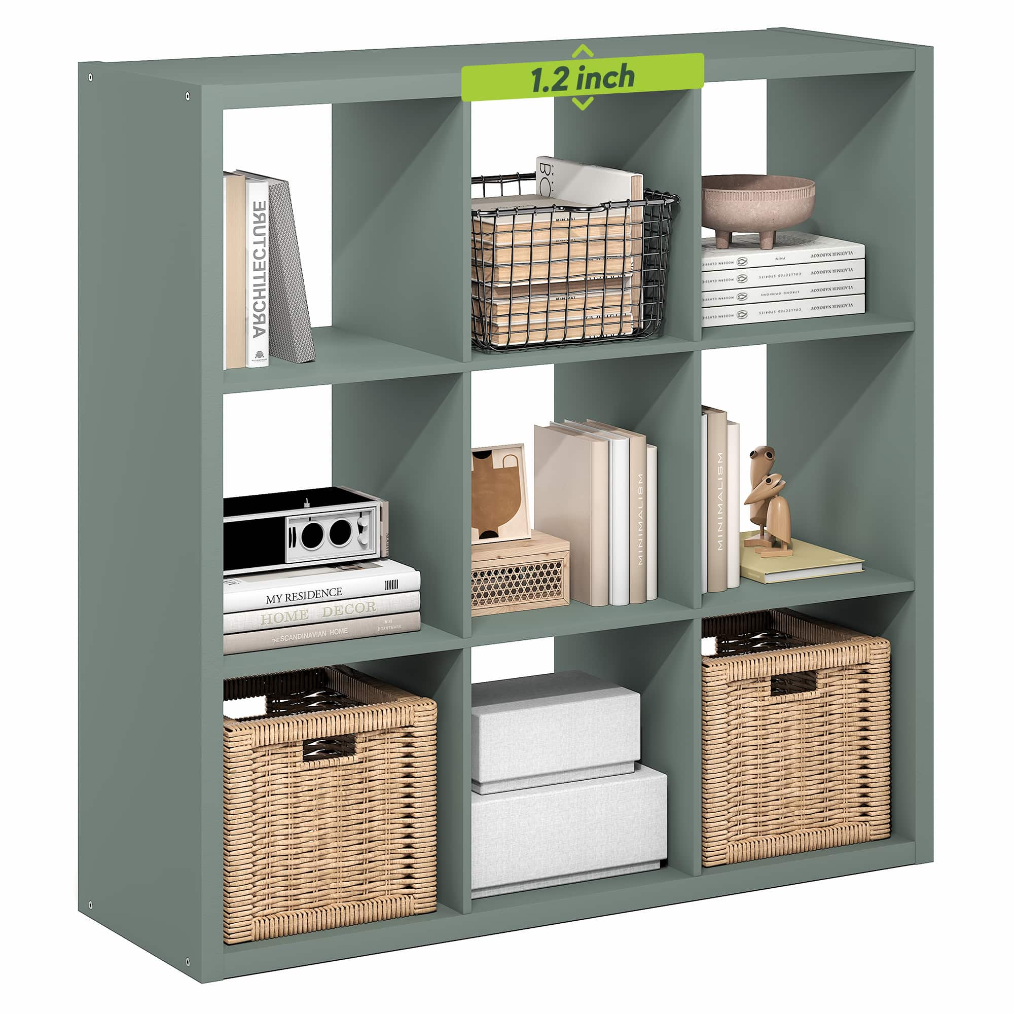 Furinno - CUBICLE 9-Cube Thick Frame Bookshelf, Reversible Bookcase with Open Back, for Living Room, Bedroom, Home Office - Sage Green