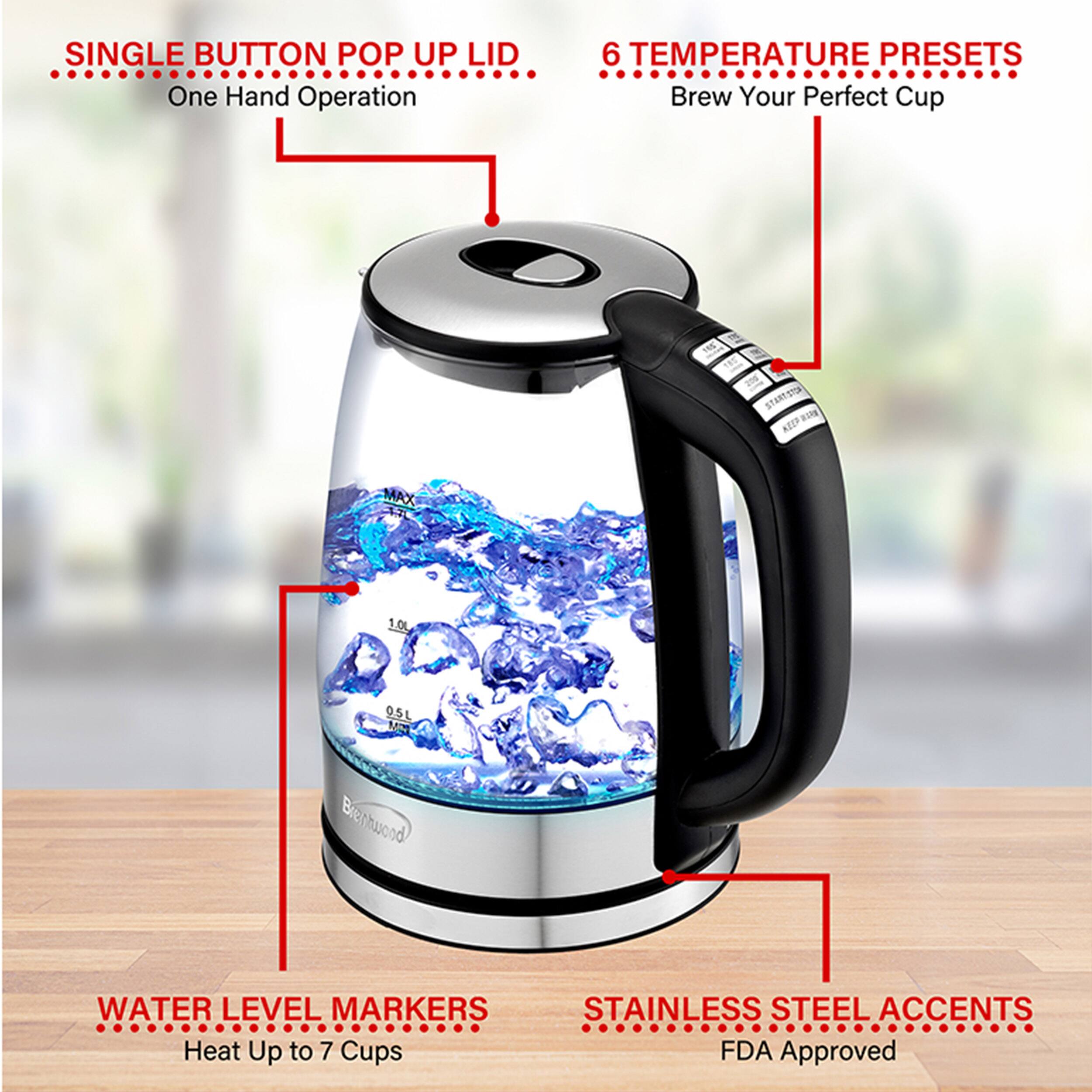 The text on the image is grouped and corrected as follows:

1. Single Button Pop Up Lid: One Hand Operation
2. 6 Temperature Presets: Brew Your Perfect Cup
3. Start/Stop/Reheat: 1.00 9.5L Brewer
4. Water Level Markers: Stainless Steel Accents
5. Heat Up to 7 Cups: FDA Approved
