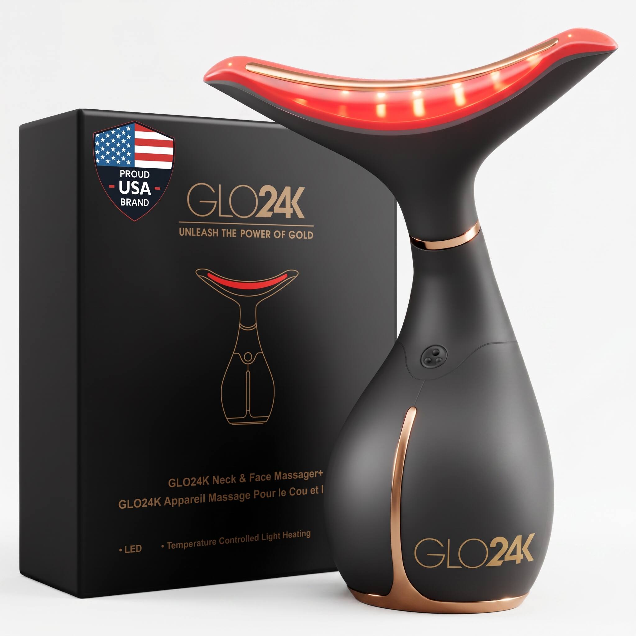 PROUD USA BRAND  
GLO24K  
UNLEASH THE POWER OF GOLD  

GLO24K Neck & Face Massager  
GLO24K Appareil Massage Pour le Cou et le Visage  

- LED  
- Temperature Controlled Light Heating