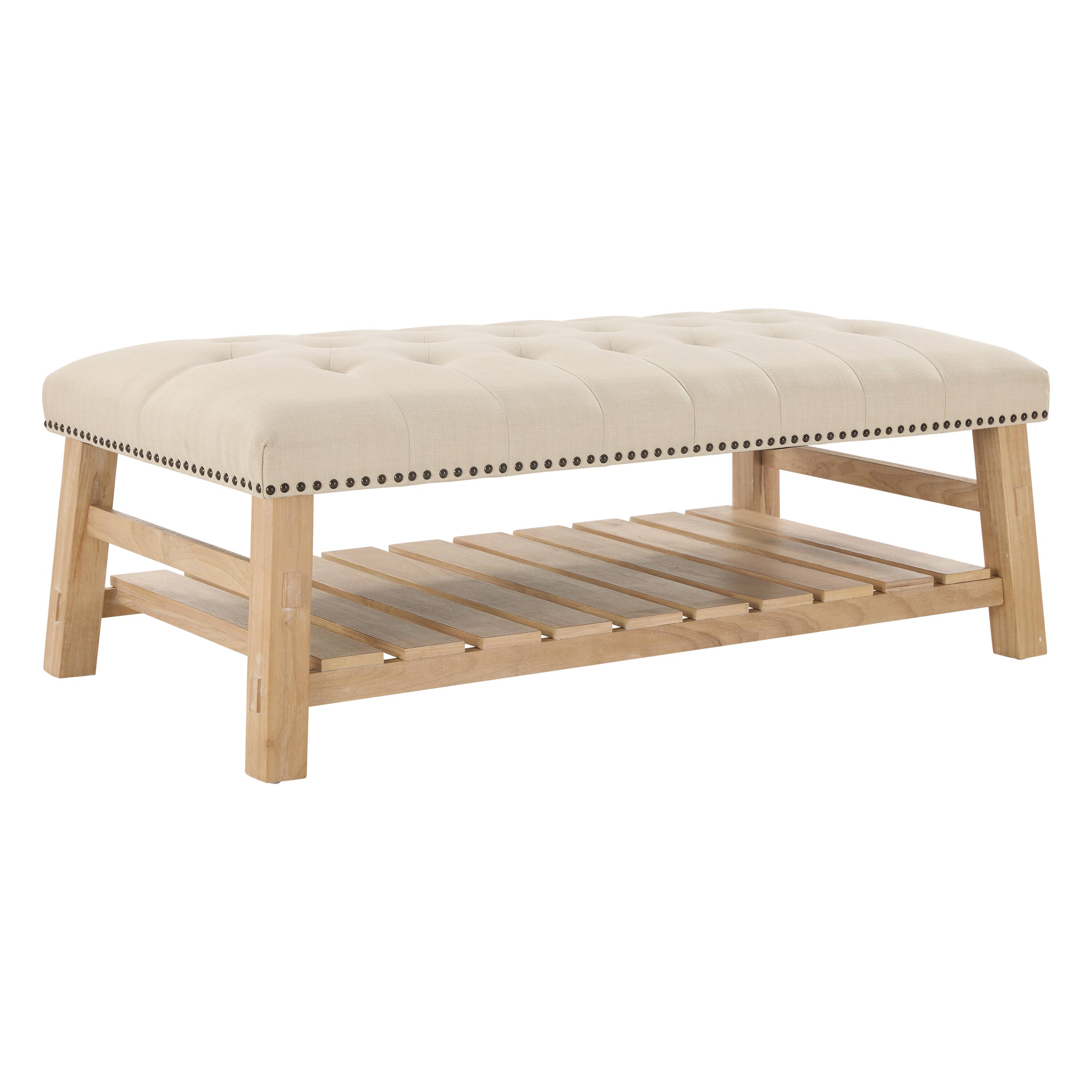 Left. Whisen - 48" Tufted Rectangle Ottoman Coffee Table with Slatted Storage Shelf for Living Room - Beige|Natural.