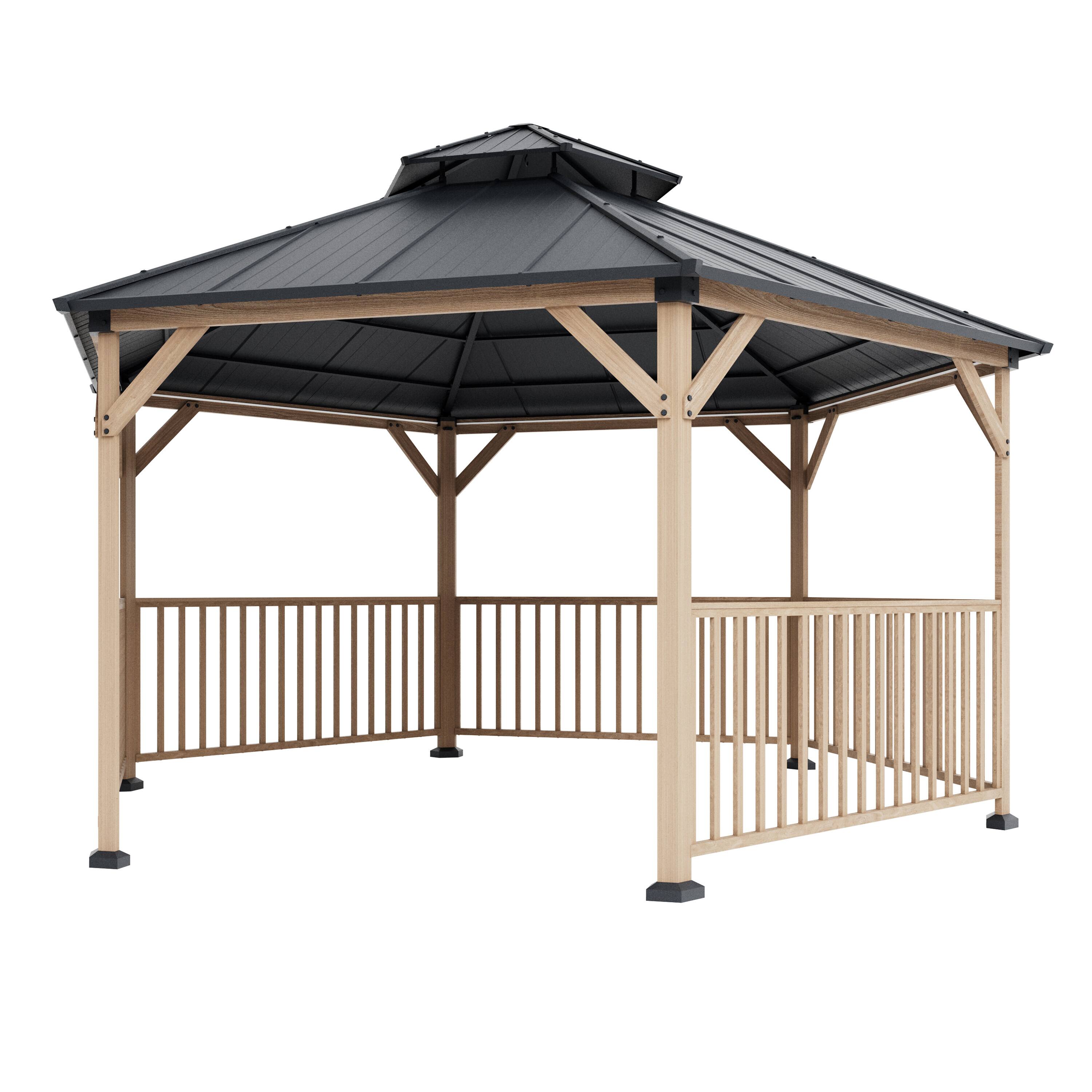Alt View 1. Mondawe - 15Ft Hexagonal Hardtop Gazebo with Solar LED Light and Modular Safety Fence - Gray.