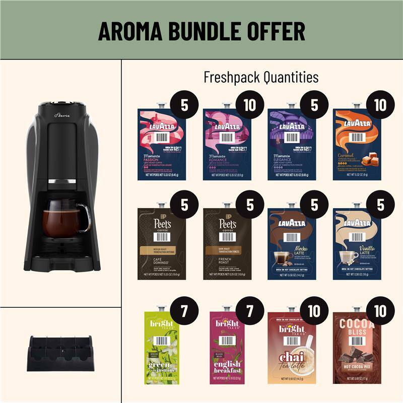 AROMA BUNDLE OFFER

Freshpack Quantities

- 5 LAVAZZA LAVAZZA
- 10 LAVAZZA
- 5 LAVAZZA
- 10 LAVAZZA
- 5 LAVAZZA
- 5 Peets CAPPUCCINO
- 5 Peets SOFT ROAST
- 5 LAVAZZA
- 5 LAVAZZA CAFE DOMINGO - FRENCH ROAST
- 7 bright green jasmine
- 7 bright english breakfast
- 10 bright chai
- 10 COCOA BLISS

NOT COCOA MIX