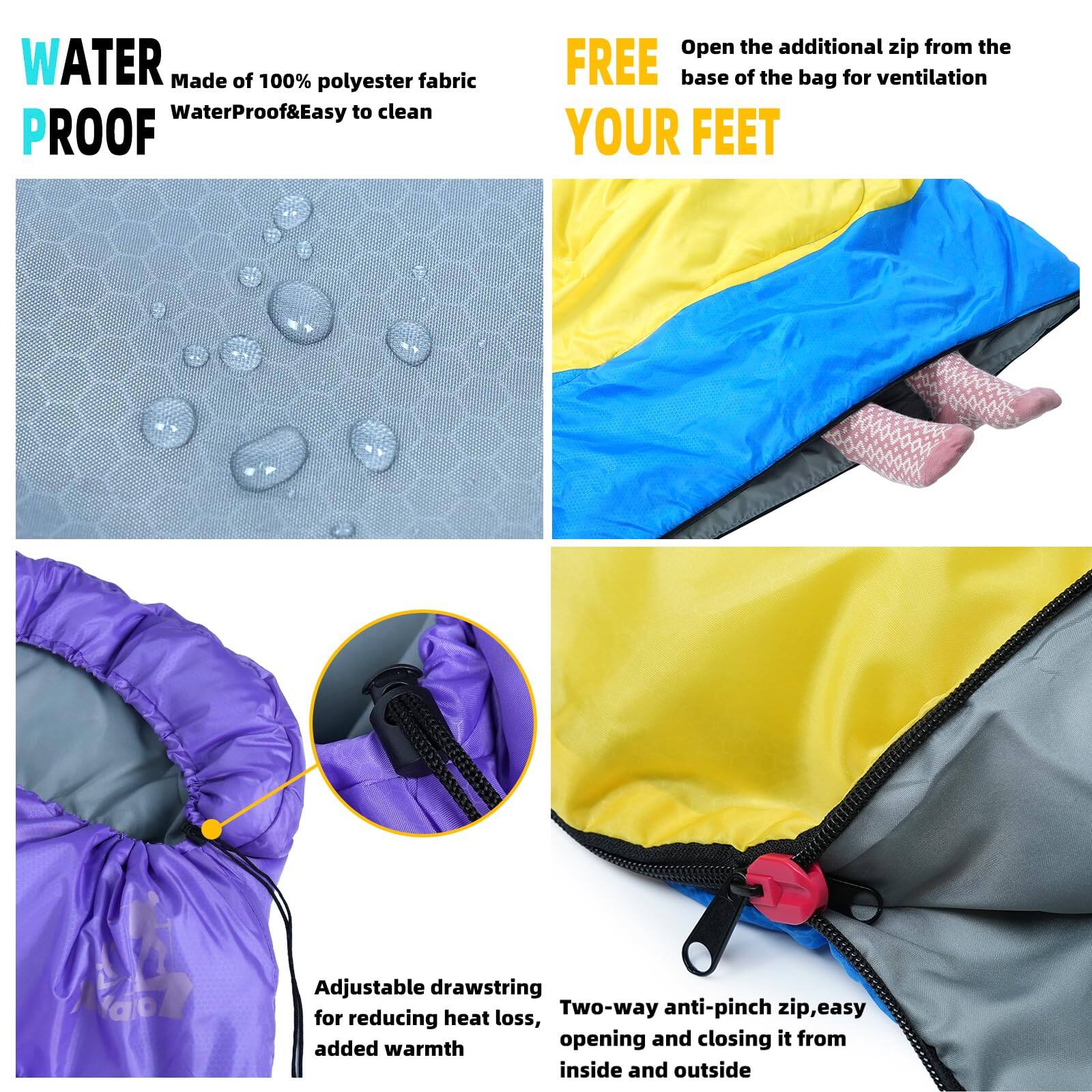 **WATER PROOF**  
Made of 100% polyester fabric  
WaterProof&Easy to clean  

**FREE YOUR FEET**  
Open the additional zip from the base of the bag for ventilation  

Adjustable drawstring for reducing heat loss, added warmth  

Two-way anti-pinch zip, easy opening and closing it from inside and outside