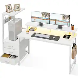 AODK - Reversible Gaming Desk with LED Lights,Charging Station,Fabric Drawers, Monitor Stand and Side Hook - White