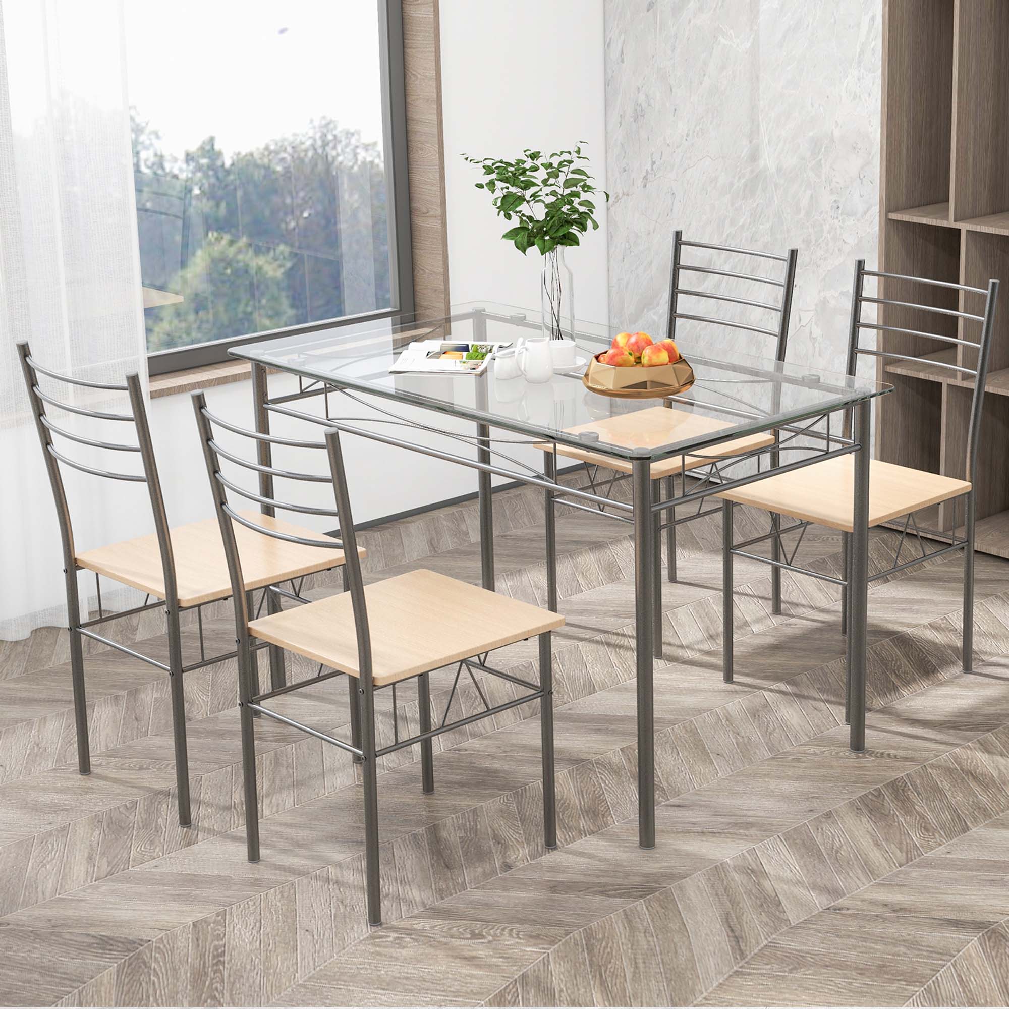 Alt View 11. Costway - 5 Piece Dining Set Table and 4 Chairs Glass Top Kitchen Breakfast Furniture Brown - Brown and Silver.