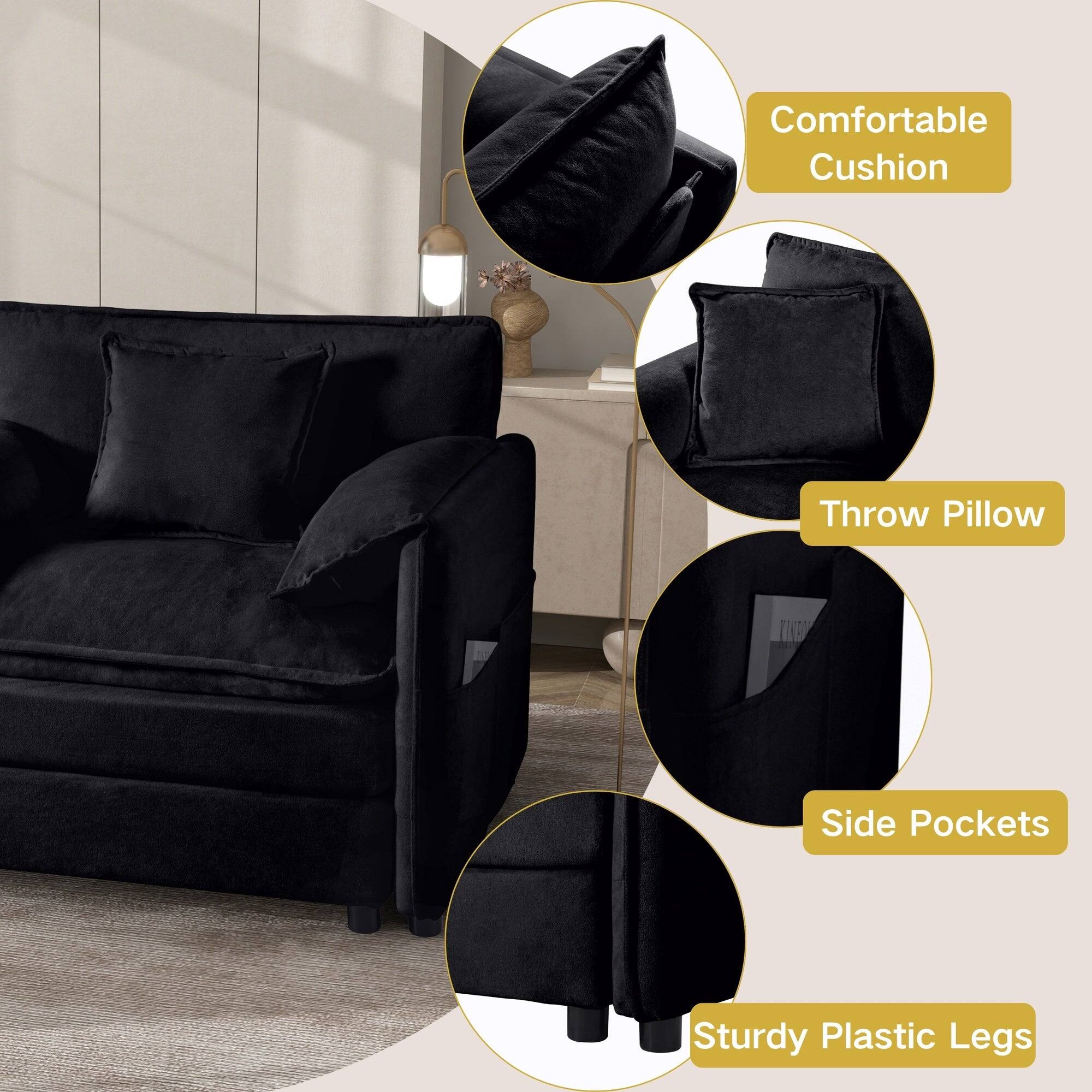 Boyel Living - Modern Minimalist Black Chenille Sofa with Side Storage Pockets 3-Seat - Black - Thumbnail 3