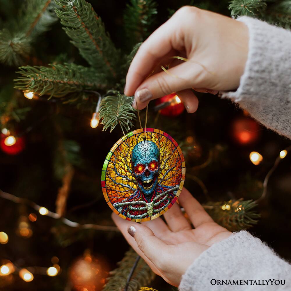 Alt View 1. OrnamentallyYou - Red-Eyed Skeleton for Halloween Frights Stained Glass Style Ceramic Ornament Halloween Themed - Multi-colored.