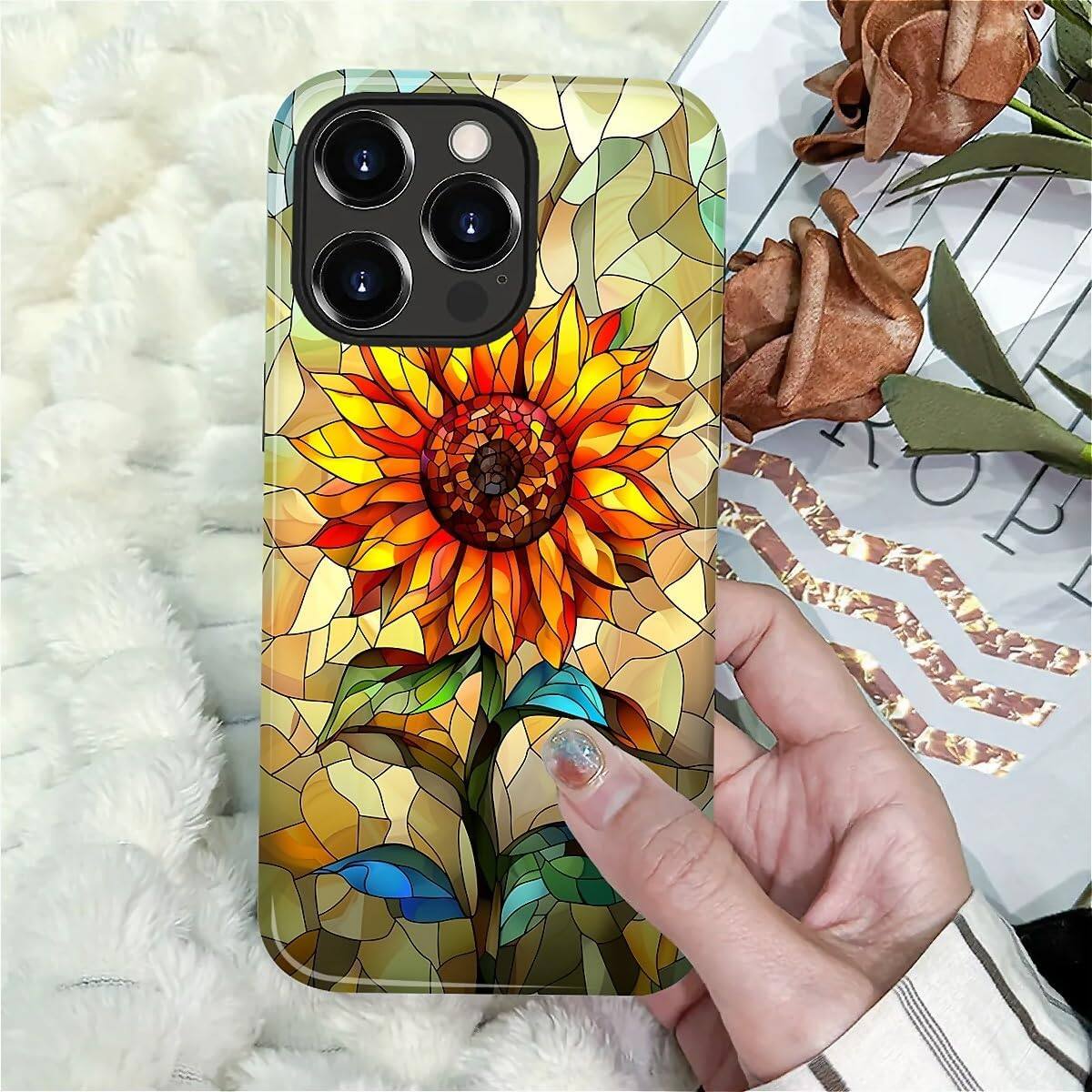 Alt View 6. Finnhomy - Smartphone Case for iPhone 14 Pro Max Dual Layer Protective Phone Case Shockproof Anti Slip Slim Cover - Stained Glass Sunflower.