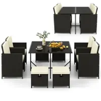 Costway 9 PCS Outdoor Dining Furniture Set Patio Conversation Set with Cushioned Seat - Black + White - Front_Zoom