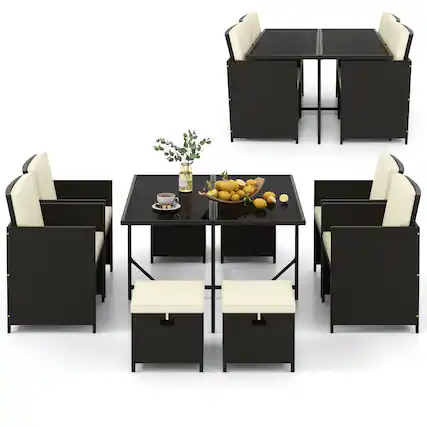 Front. Costway - 9 PCS Outdoor Dining Furniture Set Patio Conversation Set with Cushioned Seat - Black + White.