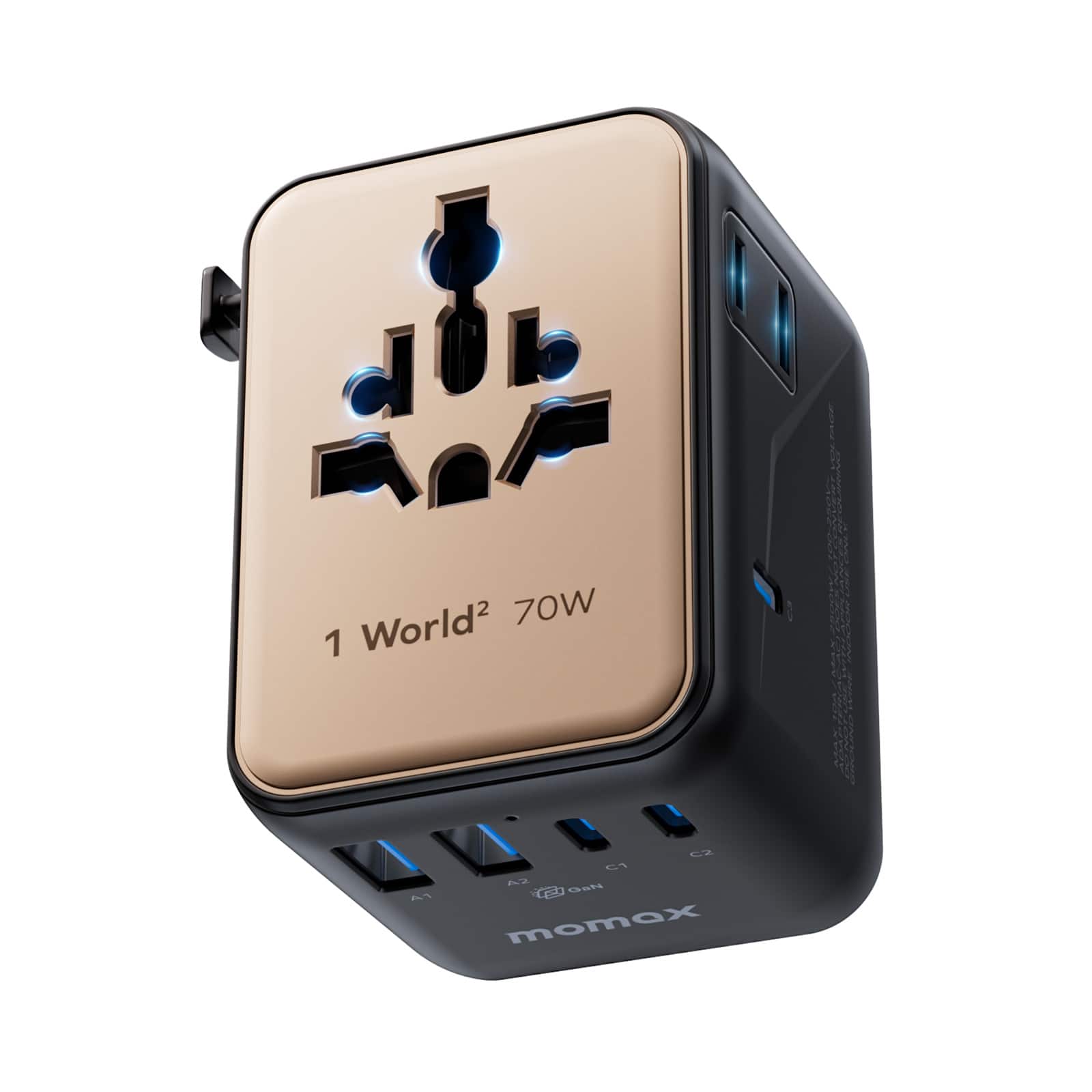 Momax - Mini 7-in-1 Universal Travel Adapter, GaN 70W Dual AC, 3 USB-C & 2 USB-A, Travel Essentials for 200+ Countries - Gold