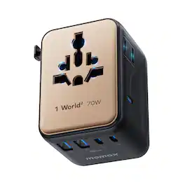 Momax - Mini 7-in-1 Universal Travel Adapter, GaN 70W Dual AC, 3 USB-C & 2 USB-A, Travel Essentials for 200+ Countries - Gold
