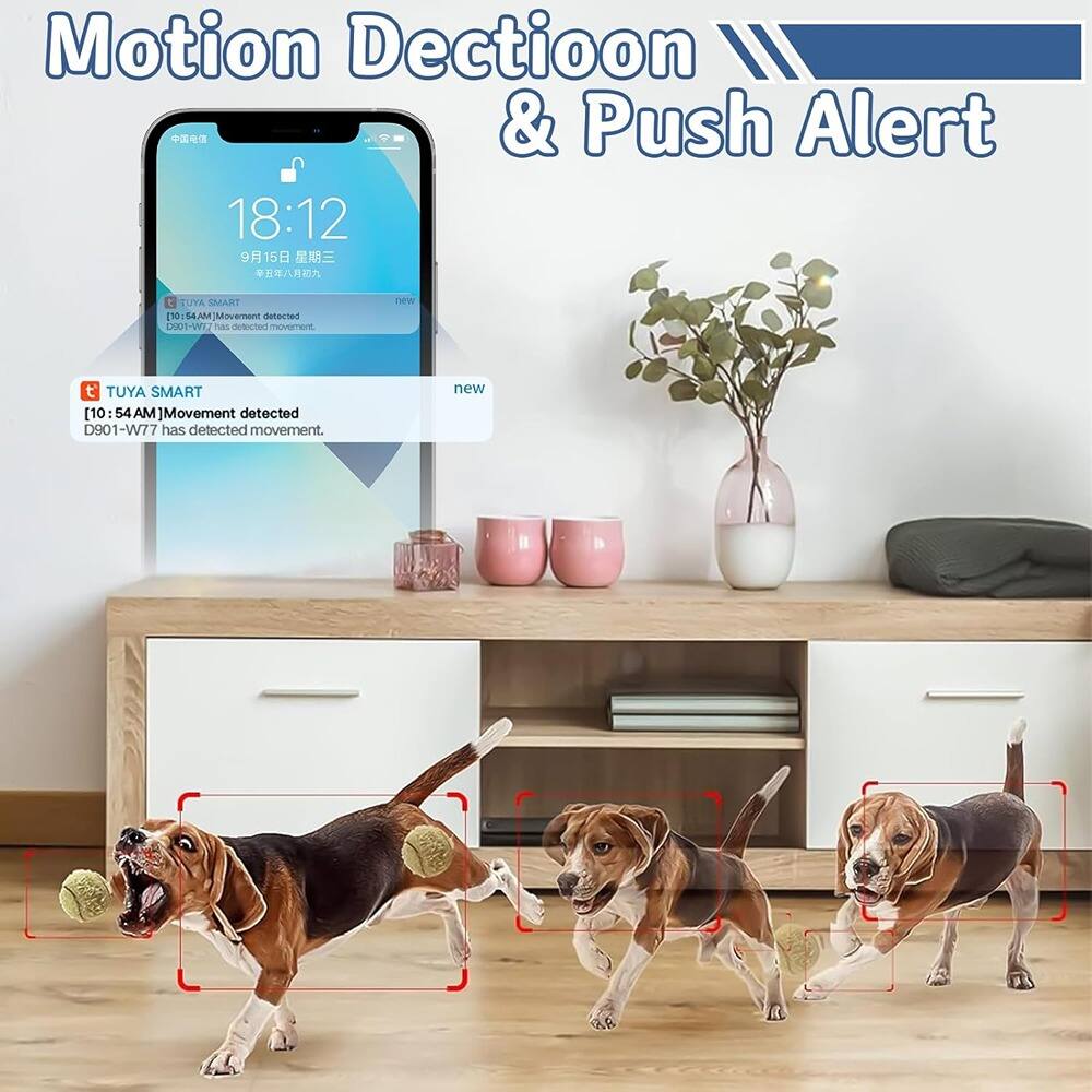 Motion Detection & Push Alert

18:12  
9月15日 星期二  
TUYA SMART  
[10:54AM] Movement detected  
D901-W77 has detected movement.

TUYA SMART  
[10:54AM] Movement detected  
D901-W77 has detected movement.