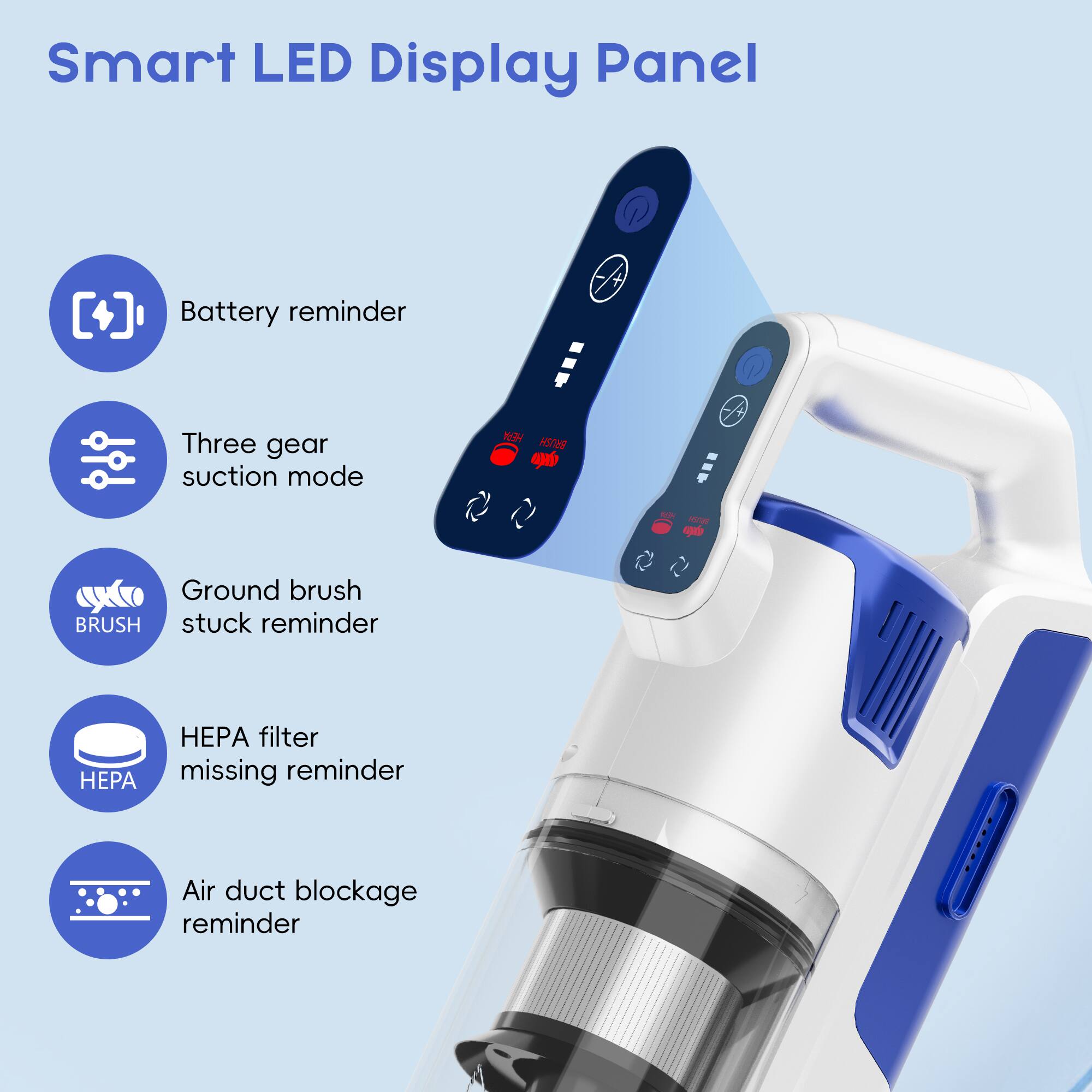 Smart LED Display Panel

- Battery reminder
- Three gear suction mode
- Ground brush stuck reminder
- HEPA filter missing reminder
- Air duct blockage reminder
