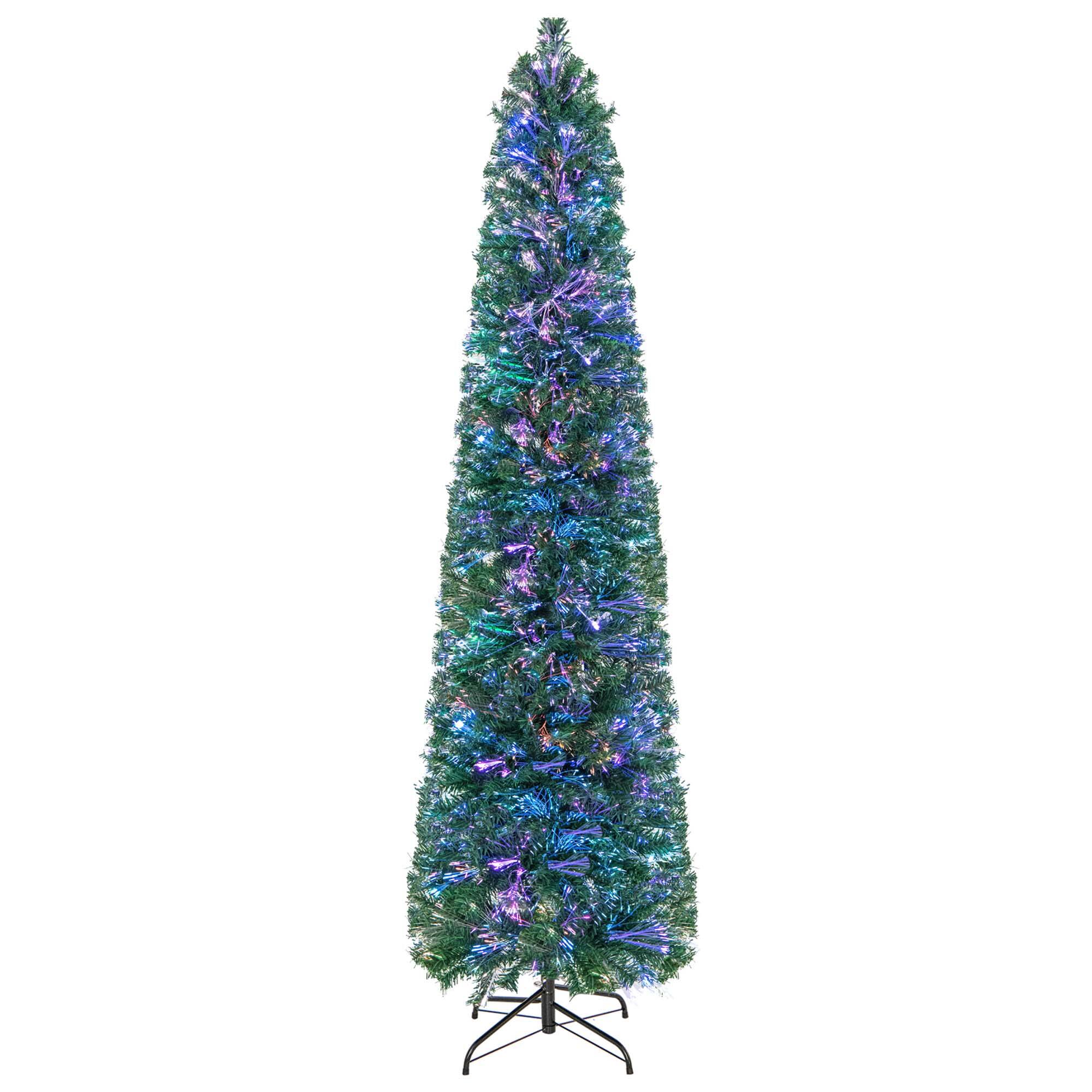 Costway - 7 FT Pre-Lit Artificial Xmas Tree with Colorful Fiber Optics & 697 PVC Branch Tips - Green