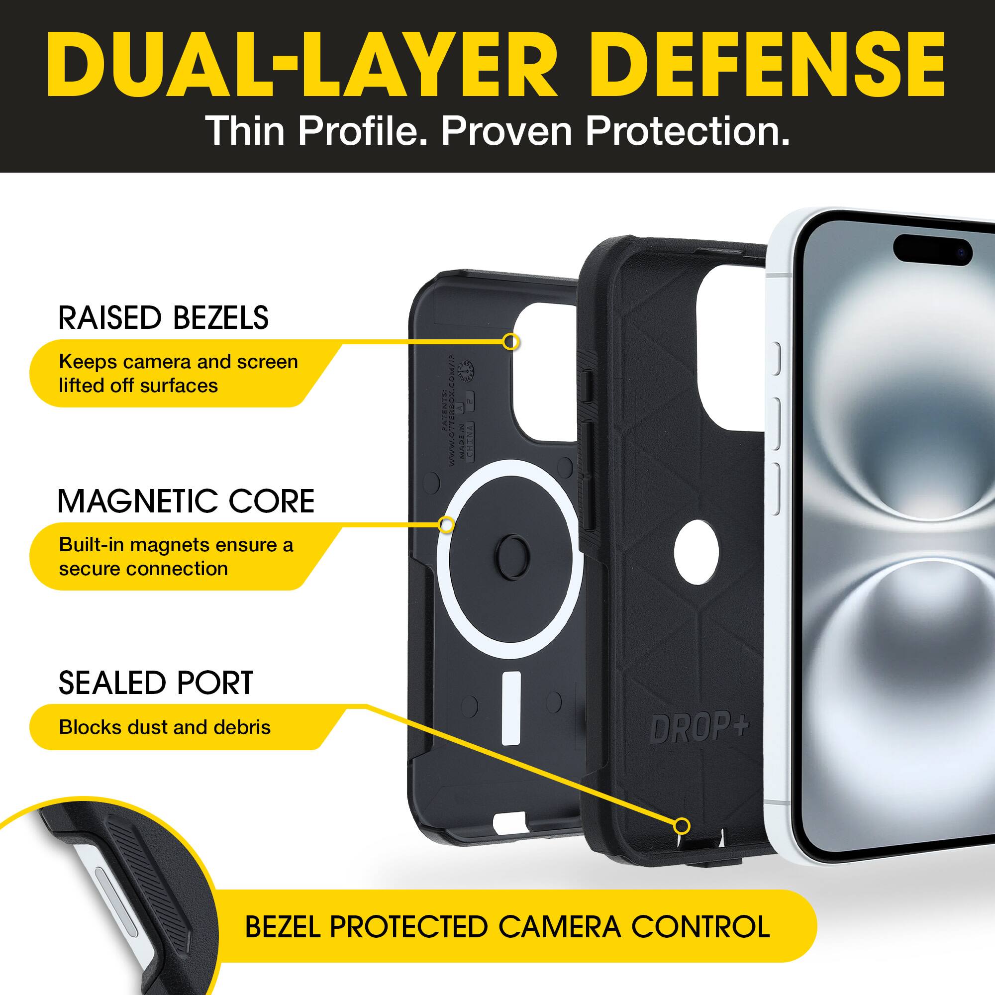 DUAL-LAYER DEFENSE  
Thin Profile. Proven Protection.

- RAISED BEZELS  
  Keeps camera and screen lifted off surfaces

- MAGNETIC CORE  
  Built-in magnets ensure a secure connection

- SEALED PORT  
  Blocks dust and debris

- BEZEL PROTECTED CAMERA CONTROL