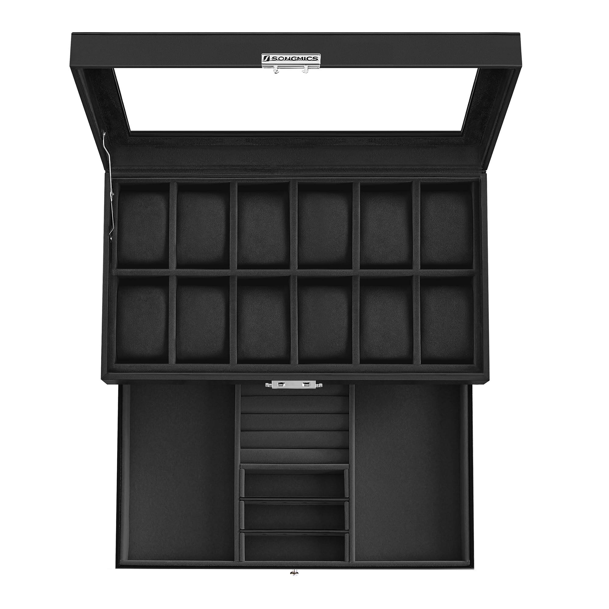 Angle. Songmics Home - 12-Slot Watch Box – Double-Layer Organizer with Glass Lid Black Synthetic Leather - Black.