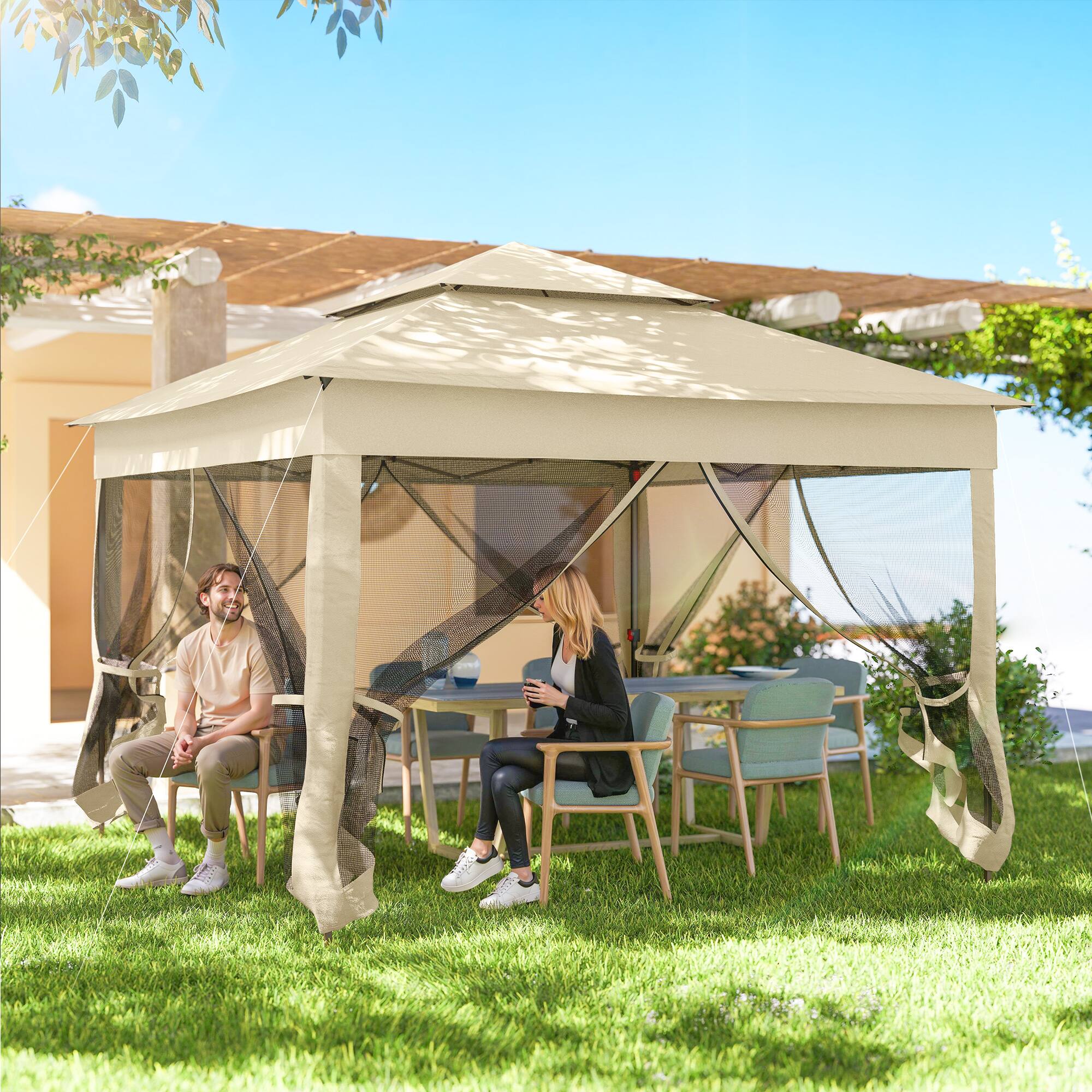 Alt View 7. Outsunny - Outdoor Patio Pop Up Canopy Gazebo Shelter with Zipper Netting, Carry Bag - Beige.