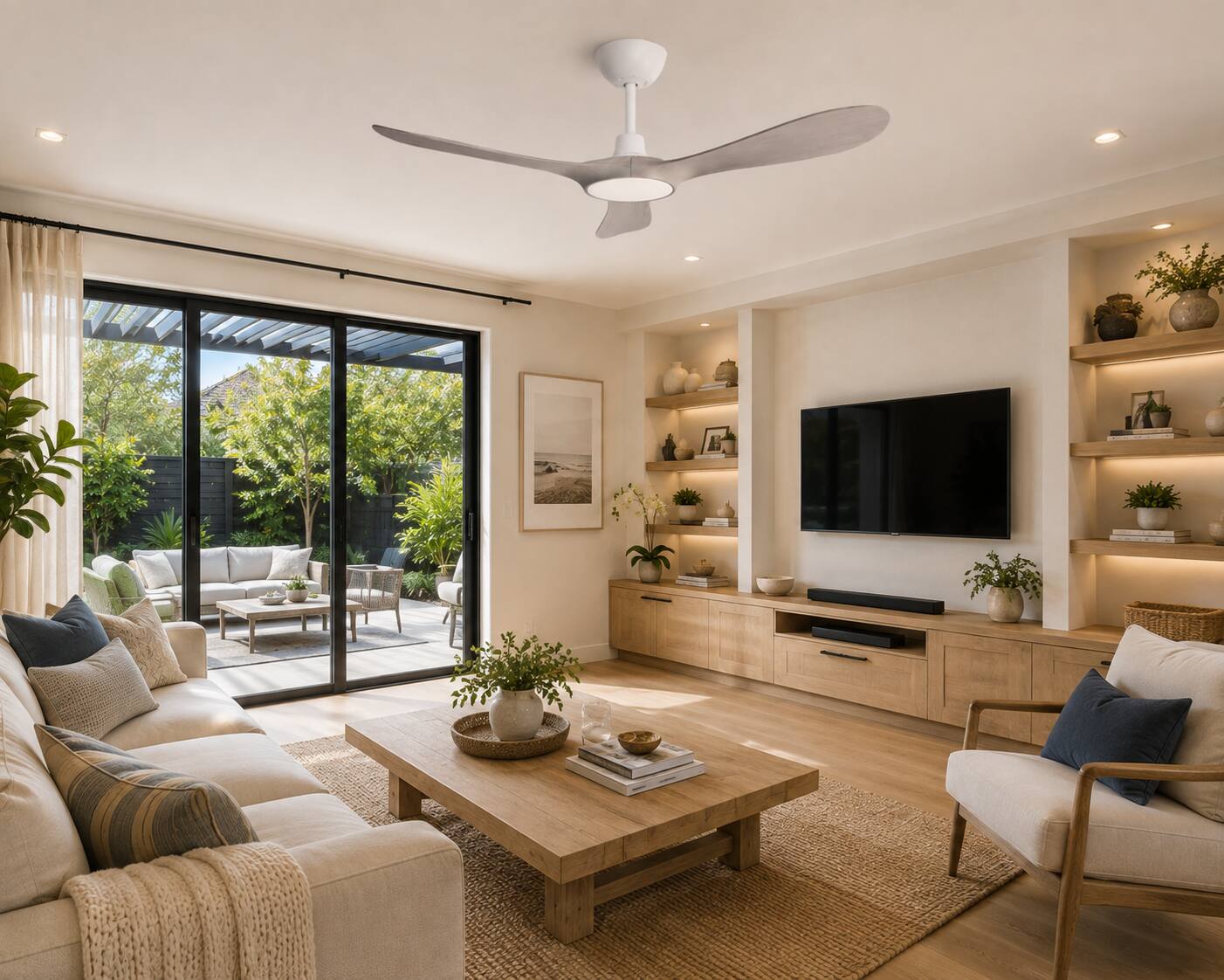 Left. ENLIGHT - 60" Smart Ceiling Fan, IP66 Outdoor/Coastal, Weather Resist, Efficient, Quiet DC Motor, Reverse Mode, Matter, 3 Blades - White Oak Woodgrain.