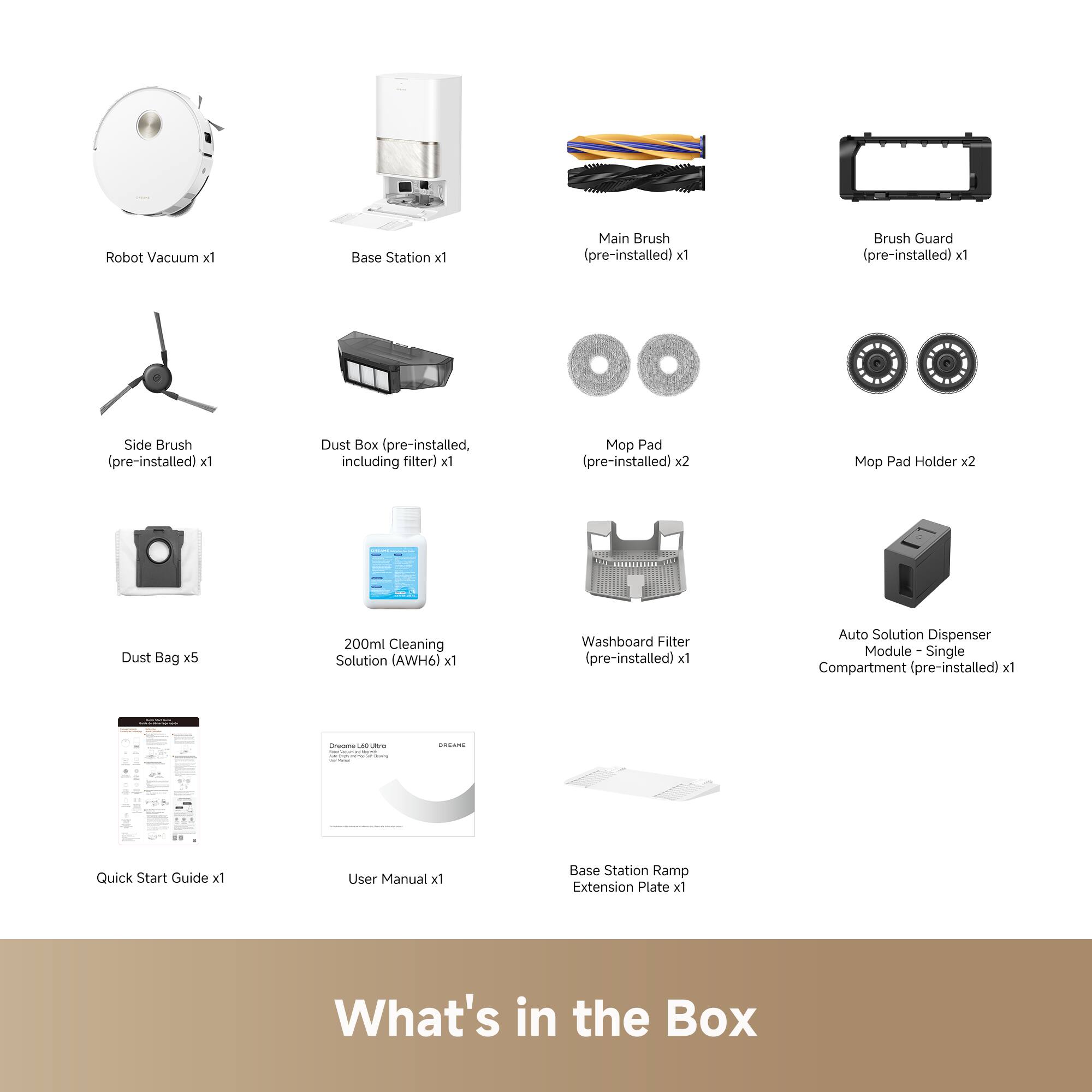 Robot Vacuum x1  
Base Station x1  
Main Brush (pre-installed) x1  
Brush Guard (pre-installed) x1  
Side Brush (pre-installed) x1  
Dust Box (pre-installed, including filter) x1  
Mop Pad (pre-installed) x2  
Mop Pad Holder x2  
Dust Bag x5  
200ml Cleaning Solution (AWH6) x1  
Washboard Filter (pre-installed) x1  
Auto Solution Dispenser Module - Single Compartment (pre-installed) x1  
Quick Start Guide x1  
User Manual x1  
Base Station Ramp Extension Plate x1  

What's in the Box